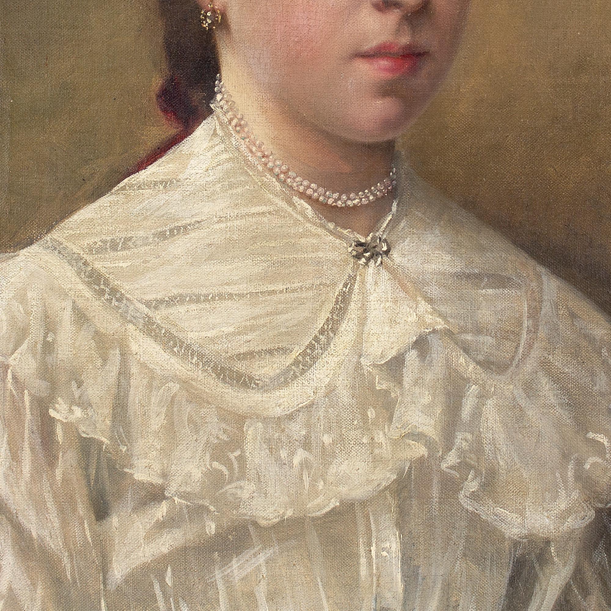 École belge du début du XXe siècle, Portrait d'une jeune fille avec des perles, peinture à l'huile 5