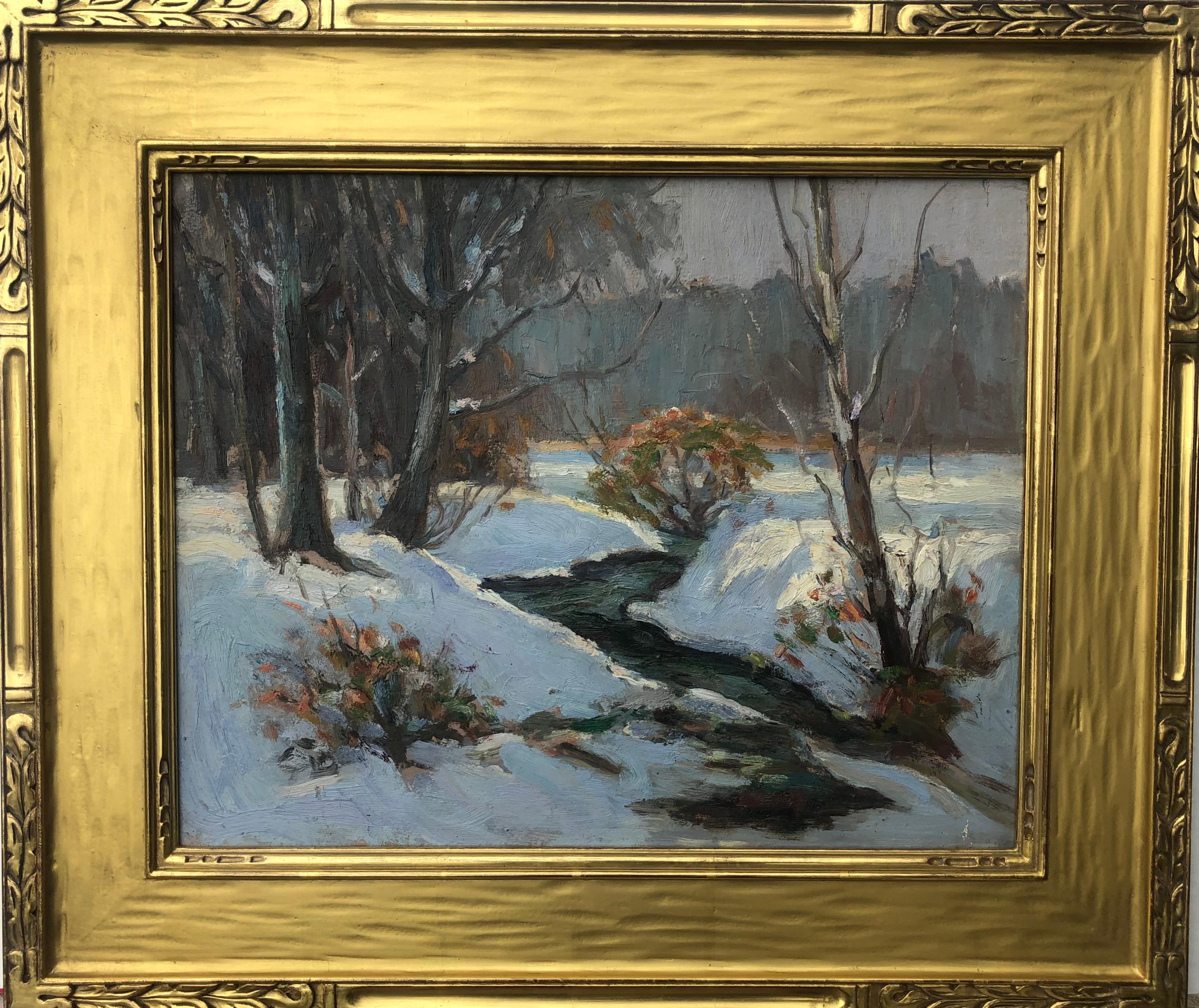 Early 20th Century Bucks County School Snow Scene O/B - in Carved Gold Frame - Painting by Unknown