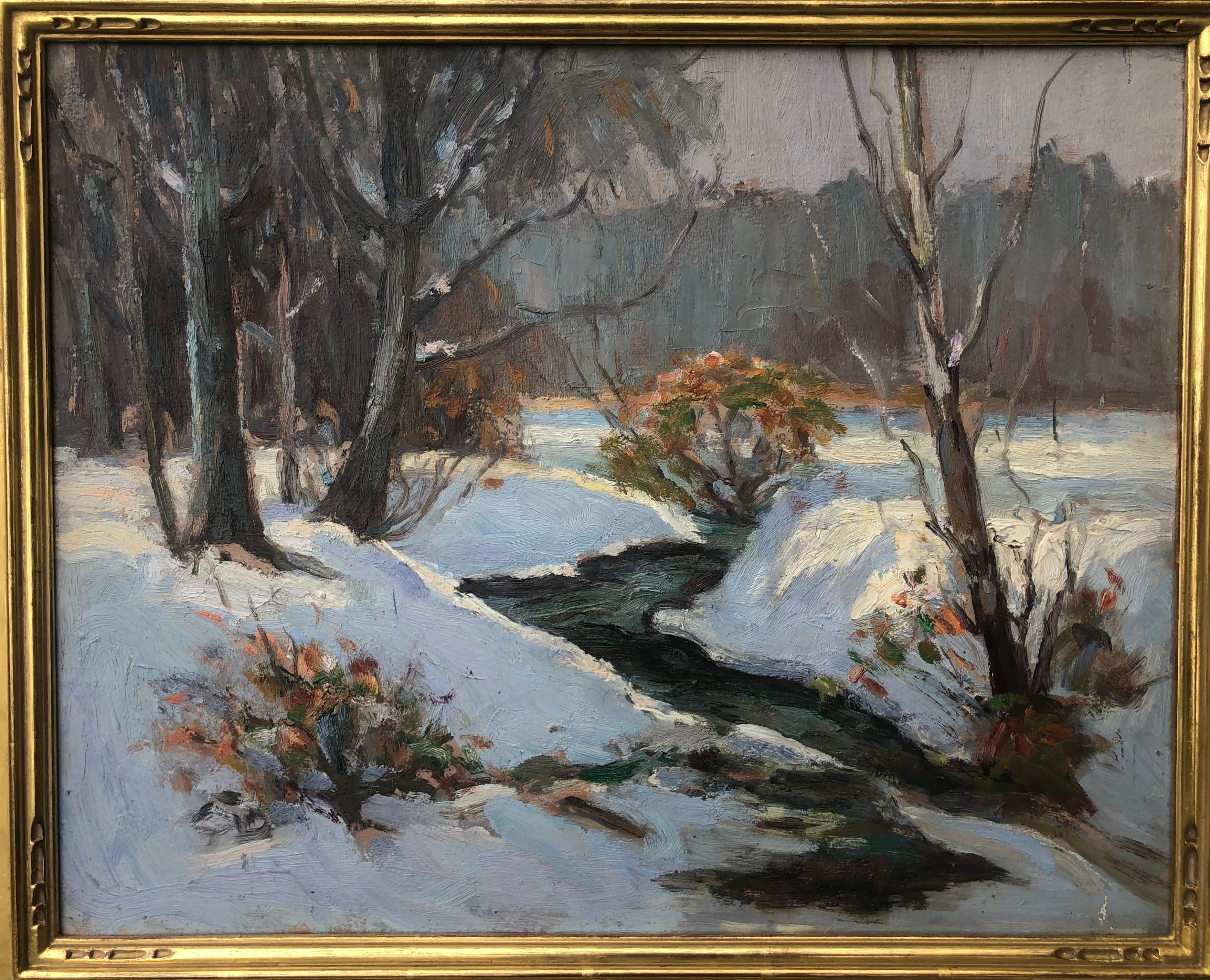 Early 20th Century Bucks County School Snow Scene O/B - in Carved Gold Frame - Impressionist Painting by Unknown