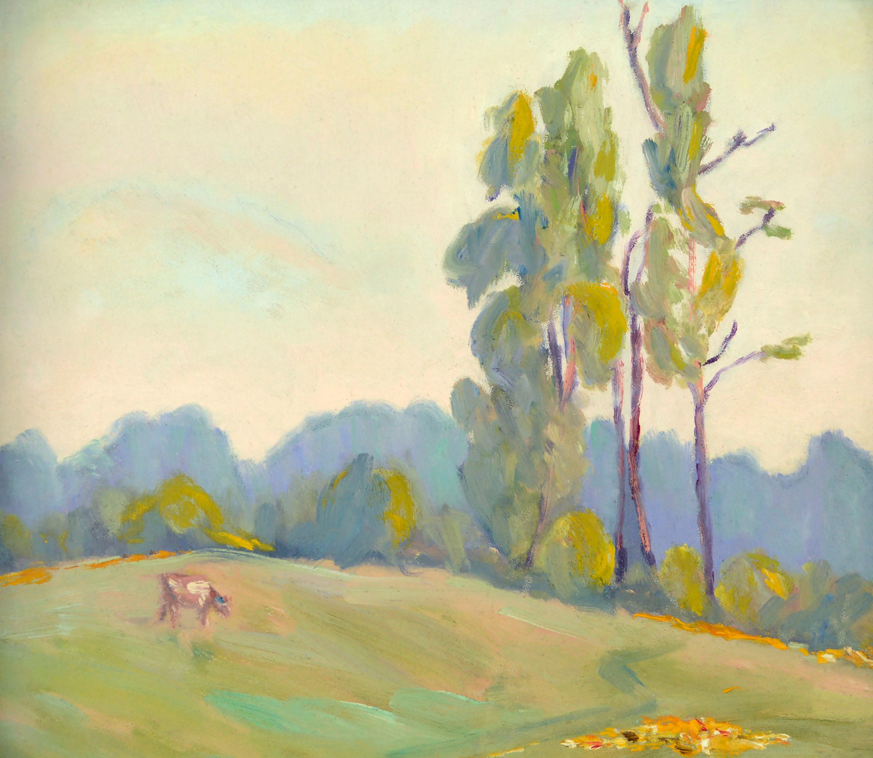 Early 20th Century California Pasture with Cow & Eucalyptus Trees Landscape - Painting by Unknown