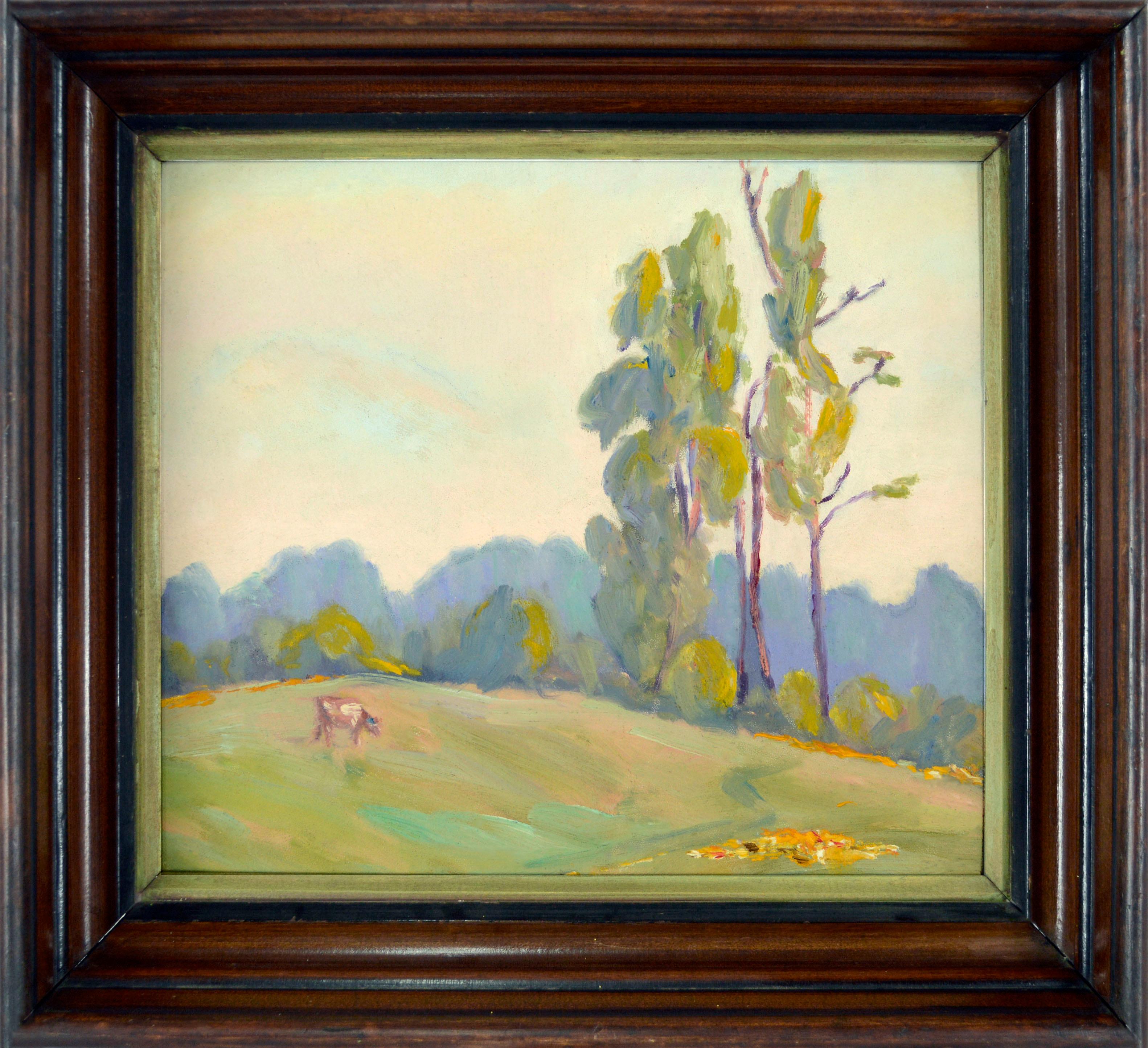 Unknown Landscape Painting - Early 20th Century California Pasture with Cow & Eucalyptus Trees Landscape