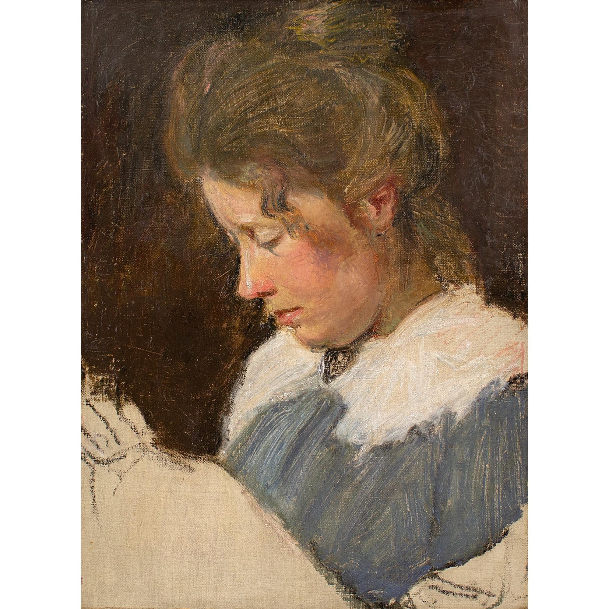 Early 20th-Century Danish School, Study Of A Woman Sewing - Painting by Unknown