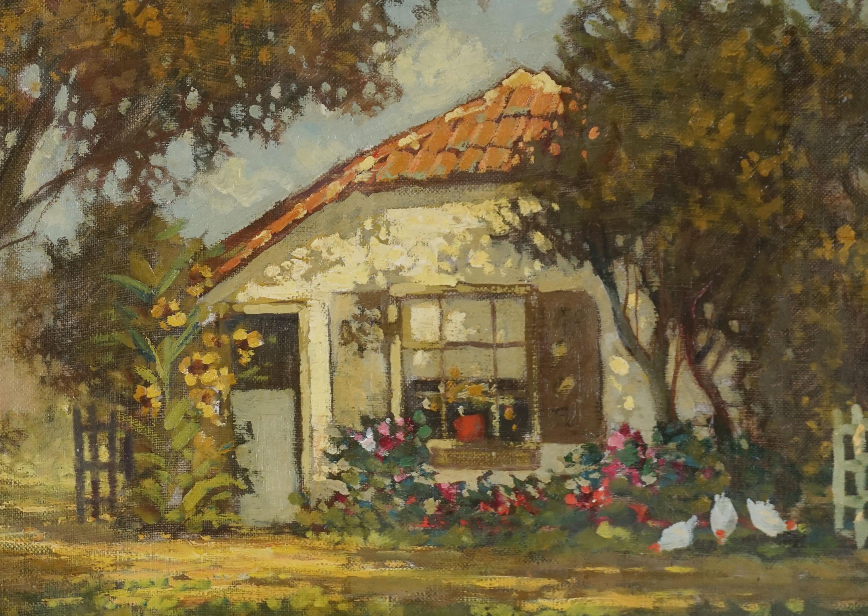 Early 20th Century Dutch Impressionist Summer Cottage with Chickens - Painting by Unknown