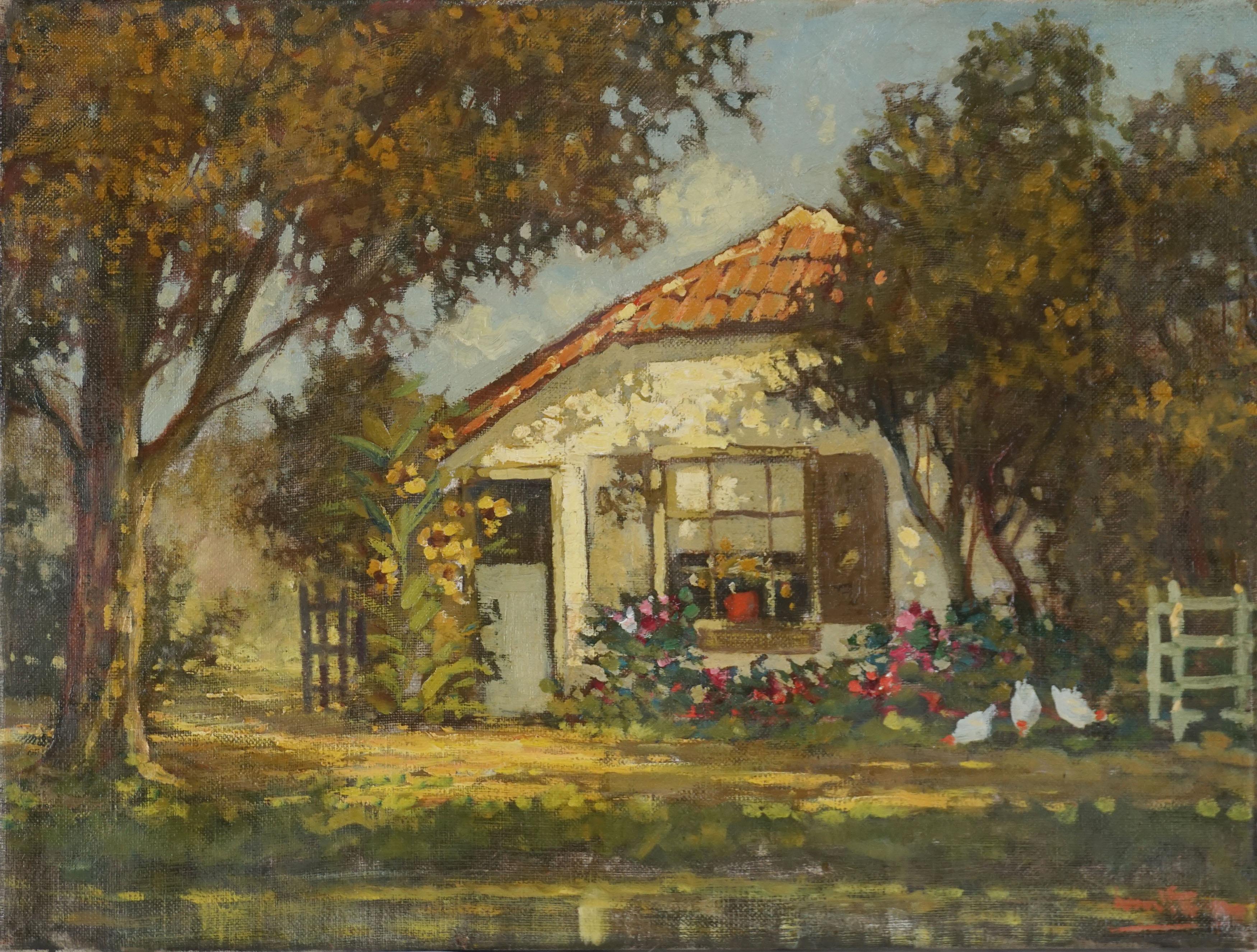 Unknown Landscape Painting - Early 20th Century Dutch Impressionist Summer Cottage with Chickens