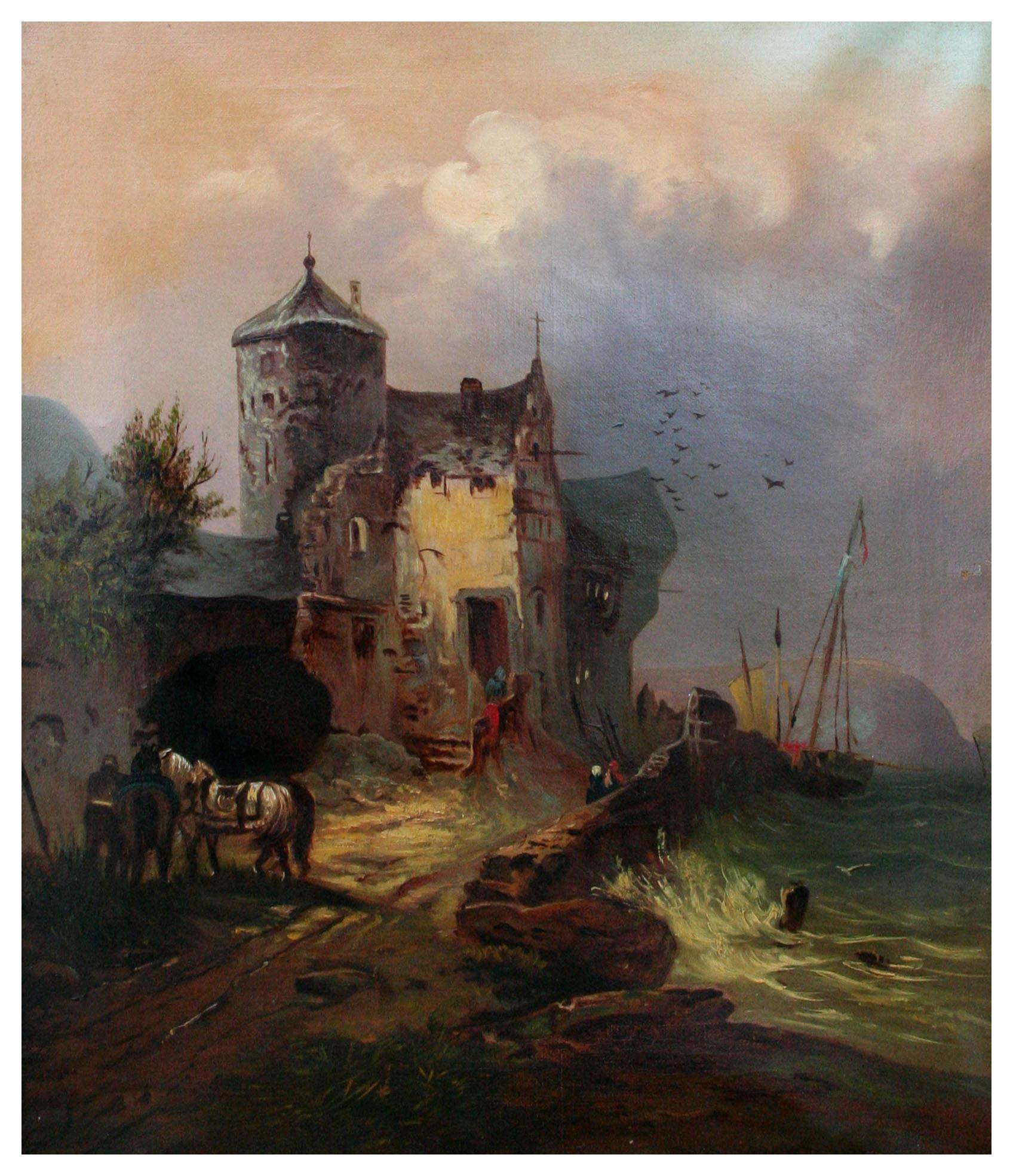 Early 20th Century Dutch Landscape -- Ships and Inn - Painting by Unknown