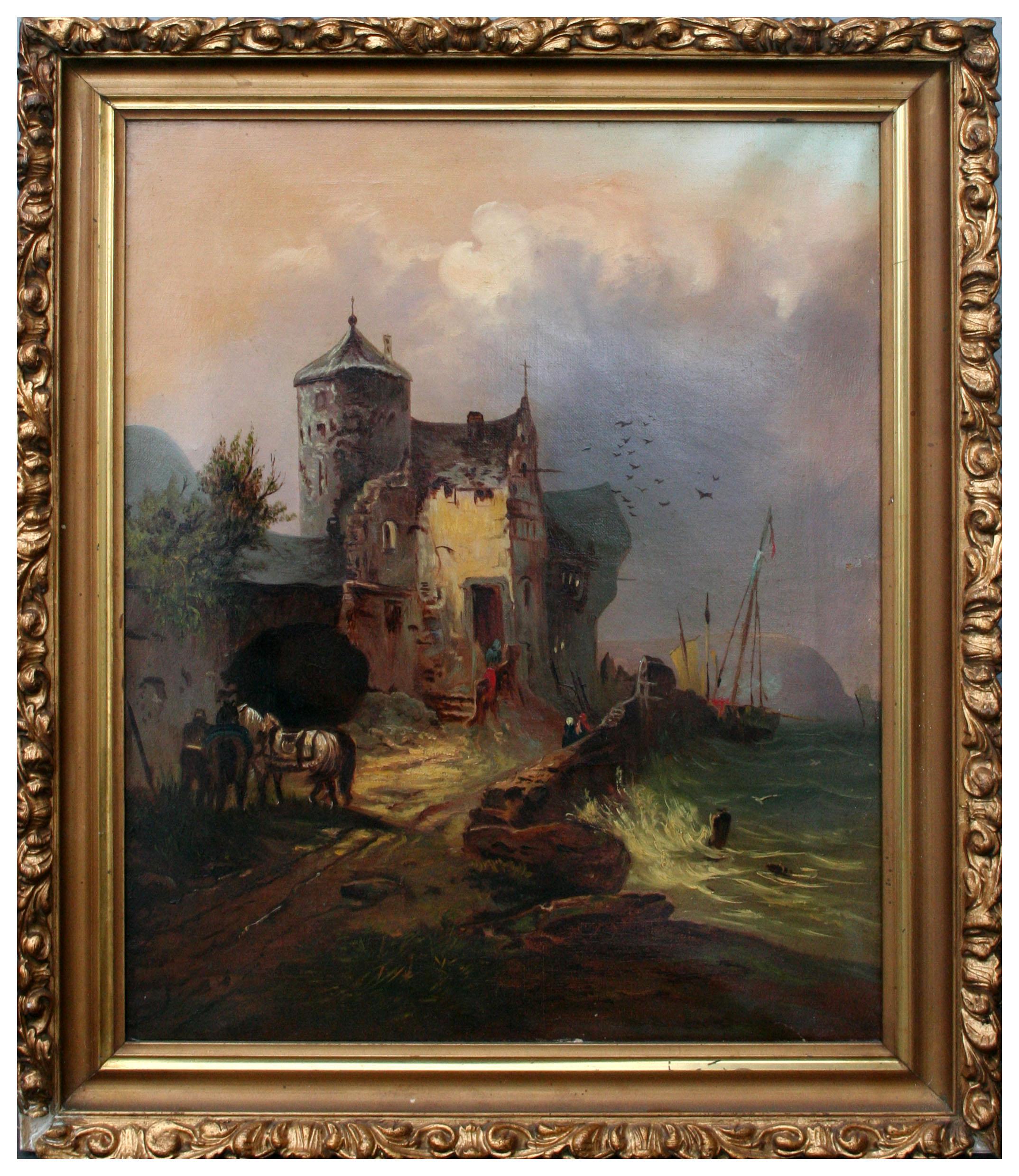 Unknown Figurative Painting - Early 20th Century Dutch Landscape -- Ships and Inn