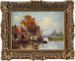 Early 20th-Century Dutch School, Canal View With Cottage & Bridge, Oil Painting