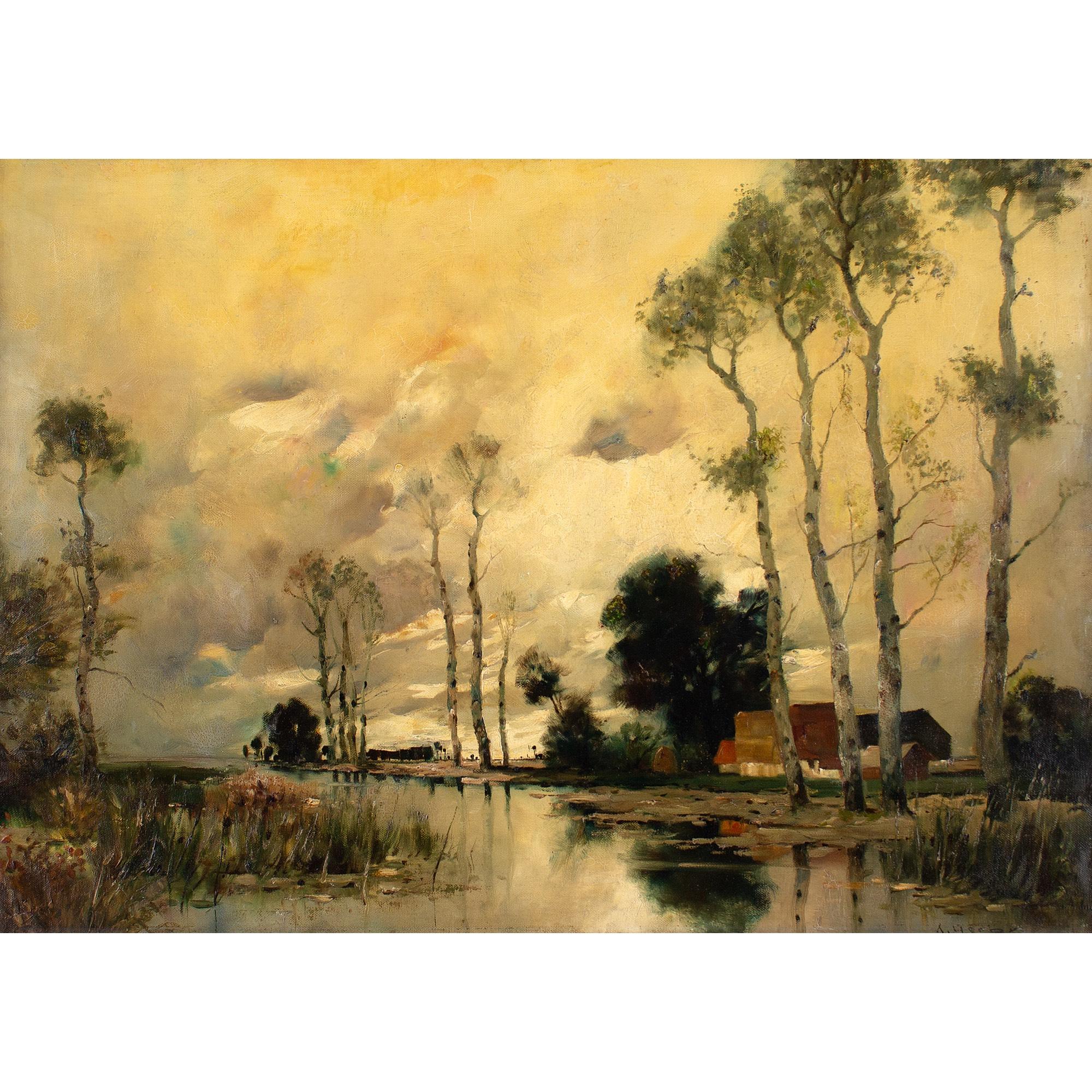 This early 20th-century oil painting by A Herbe depicts a river landscape under turbulent evening sky.

Overhead, the dense passing clouds are punctuated by several limber birch trees. Following days of rain, the river bulges on this overcast day in