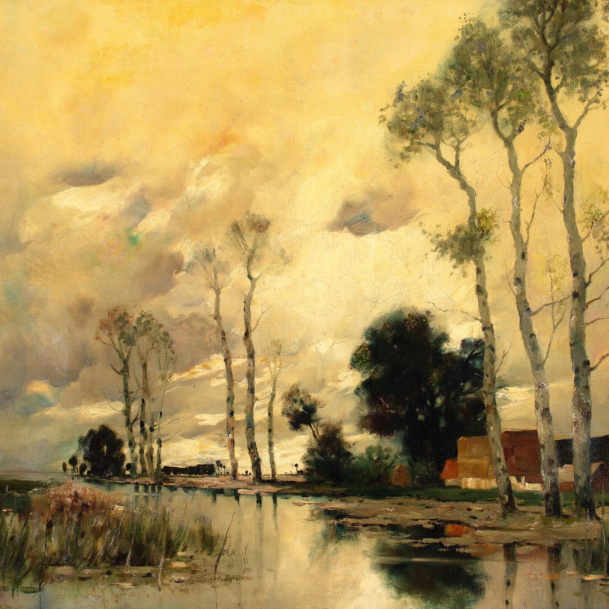 Early 20th-Century Dutch School Landscape With Birch Trees, Oil Painting 1