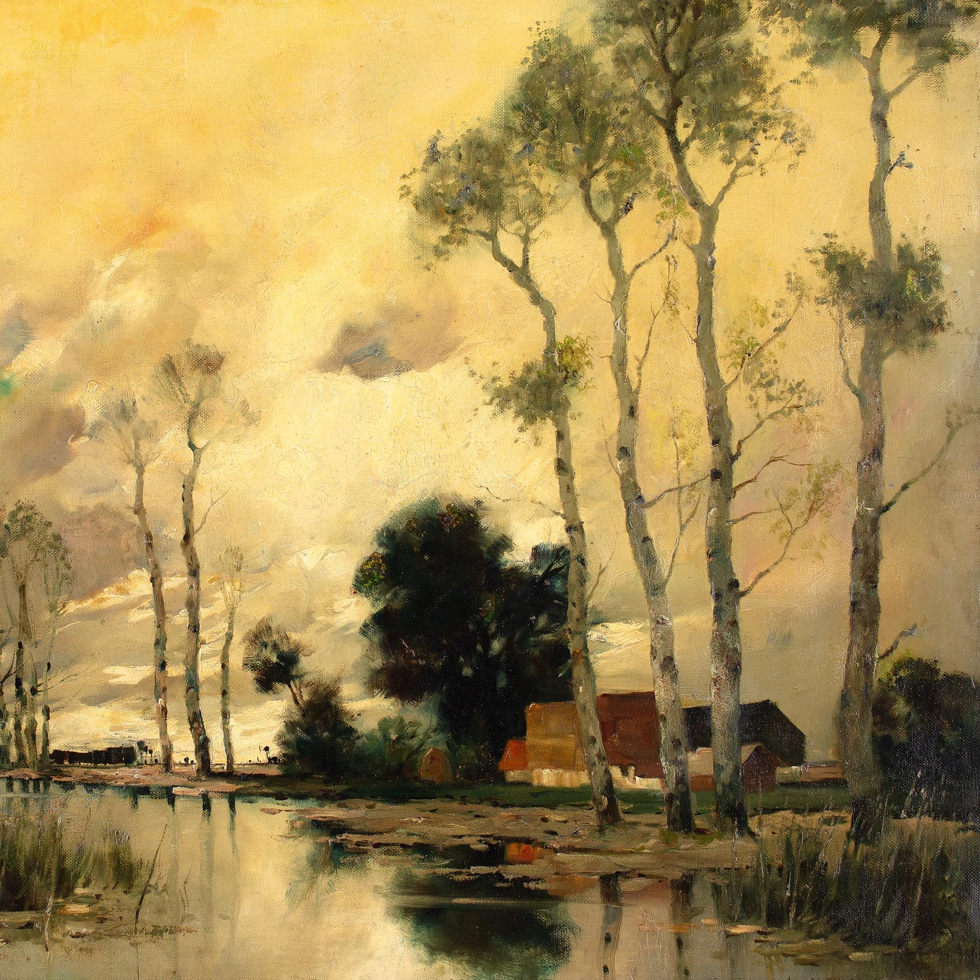 Early 20th-Century Dutch School Landscape With Birch Trees, Oil Painting 2