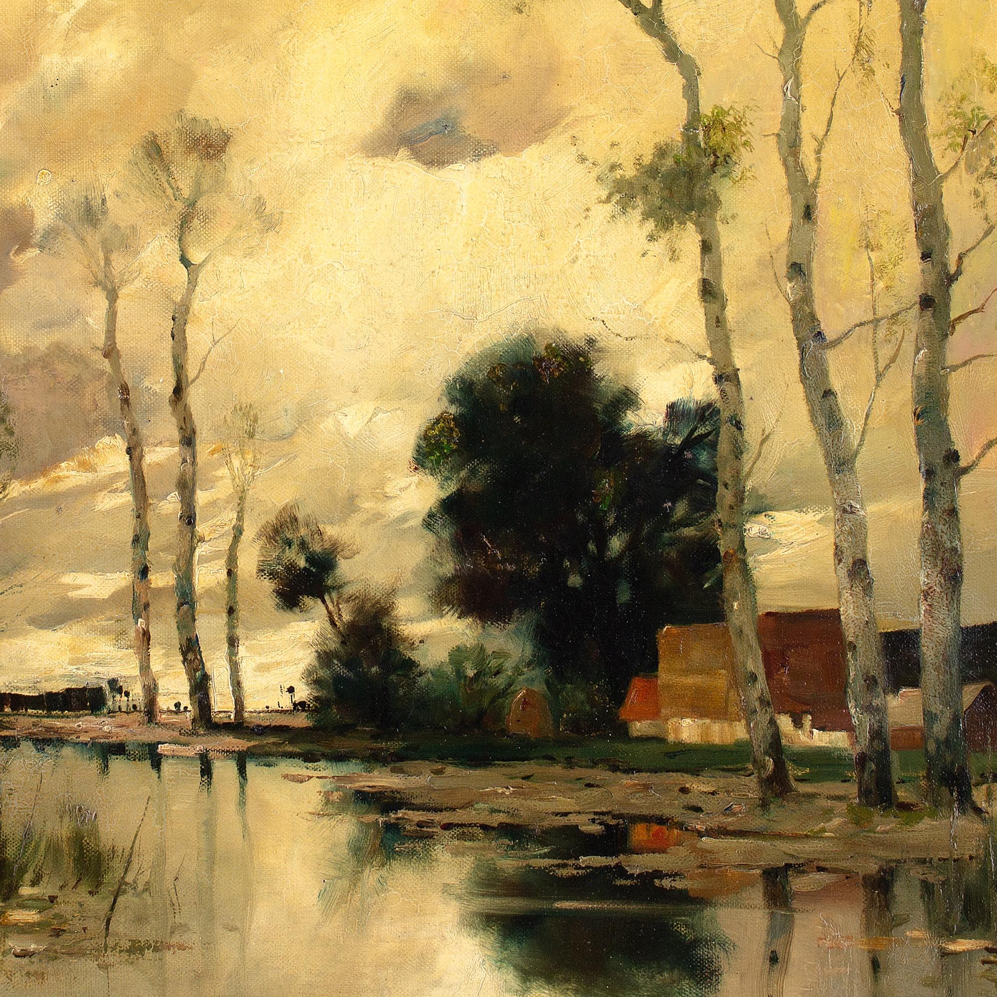 Early 20th-Century Dutch School Landscape With Birch Trees, Oil Painting 5