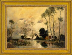 Paisaje de la escuela holandesa de principios del siglo XX con abedules, pintura al óleo