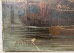 Early 20th Century Dutch Street Scene with Figures and Boats