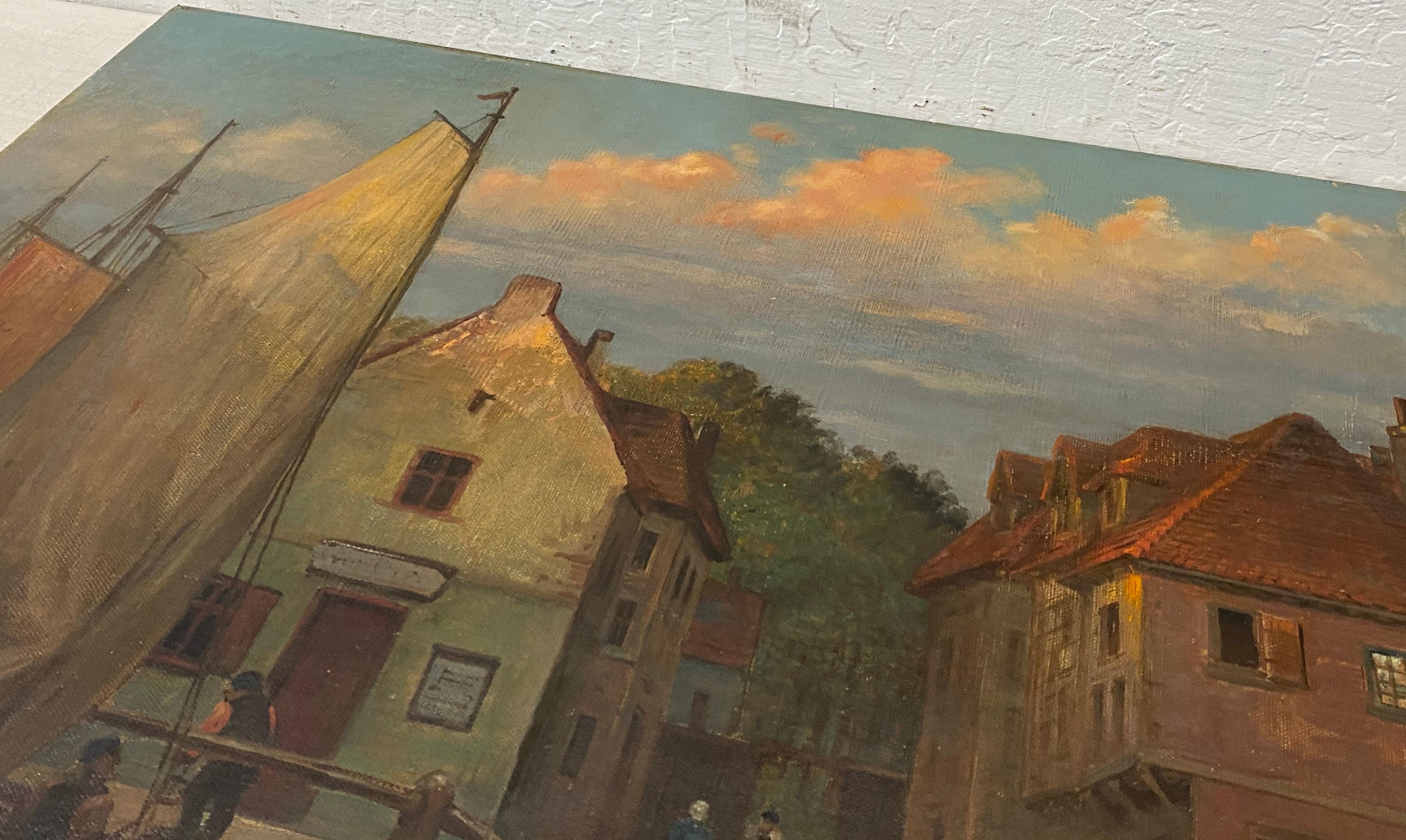 Early 20th Century Dutch Street Scene with Figures and Boats 

Original oil on relined canvas. Signed lower left (illegible)

The painting is in good condition with a few minor scratches. Please review all images.

The signature may (or may not) be
