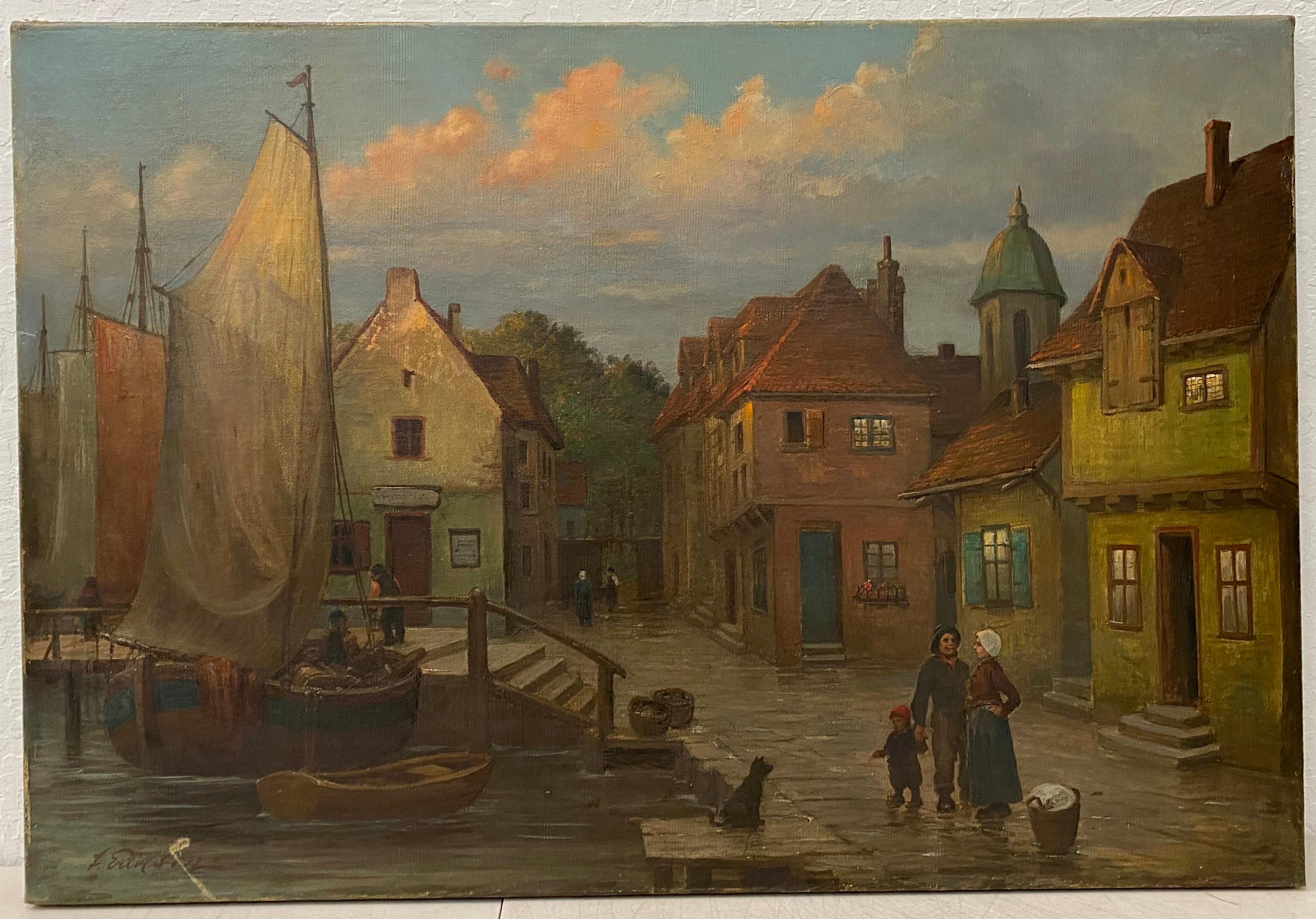 Unknown Landscape Painting - Early 20th Century Dutch Street Scene with Figures and Boats 