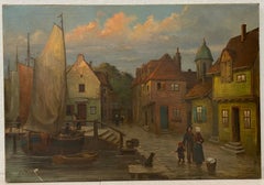 Early 20th Century Dutch Street Scene with Figures and Boats 