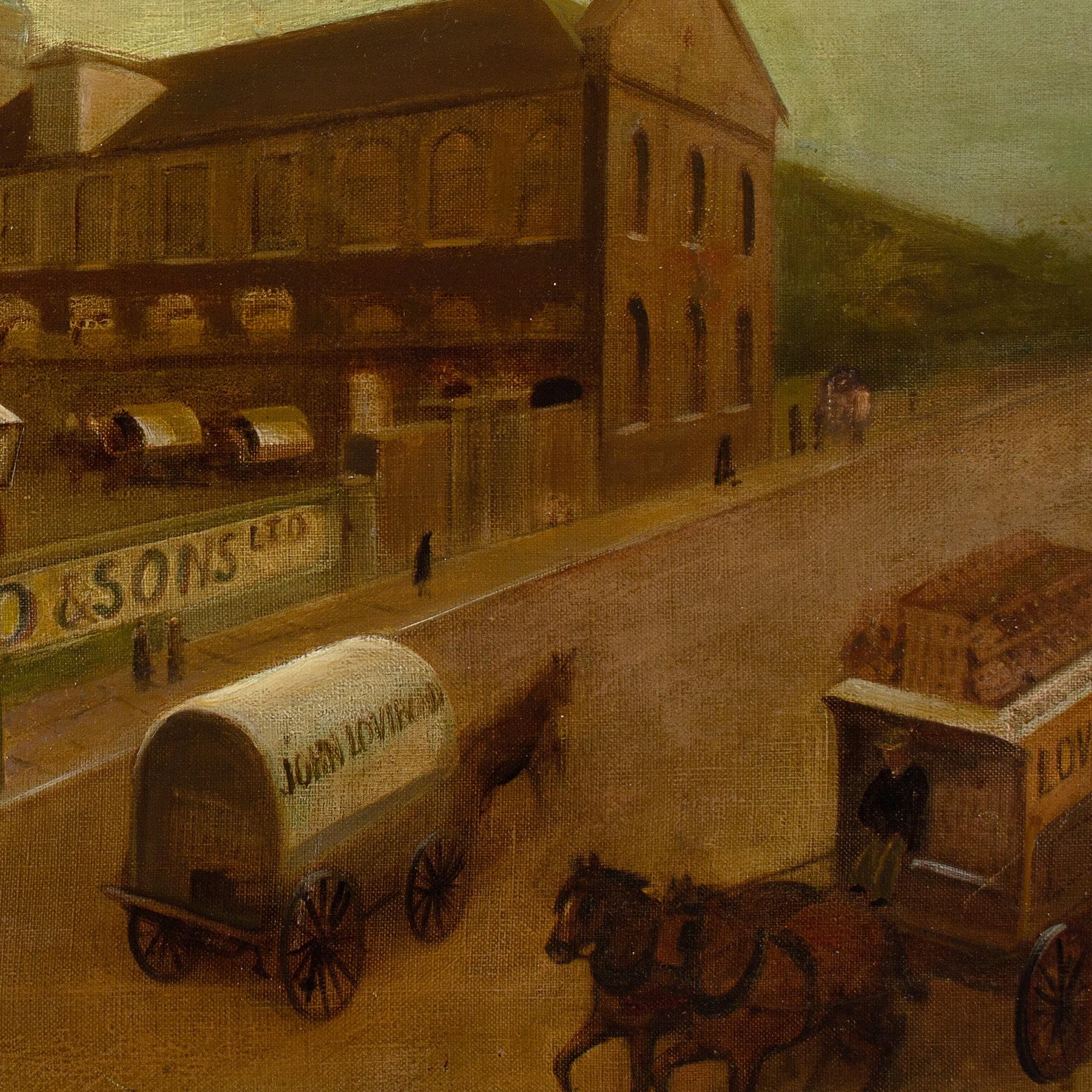 Este encantador óleo de la English School de principios del siglo XX representa la fábrica de cerveza Cannon de North End, Fulham, propiedad de John Lovibond & Sons Ltd.

Fundada en 1867, la fábrica de cerveza se construyó en los terrenos de la casa