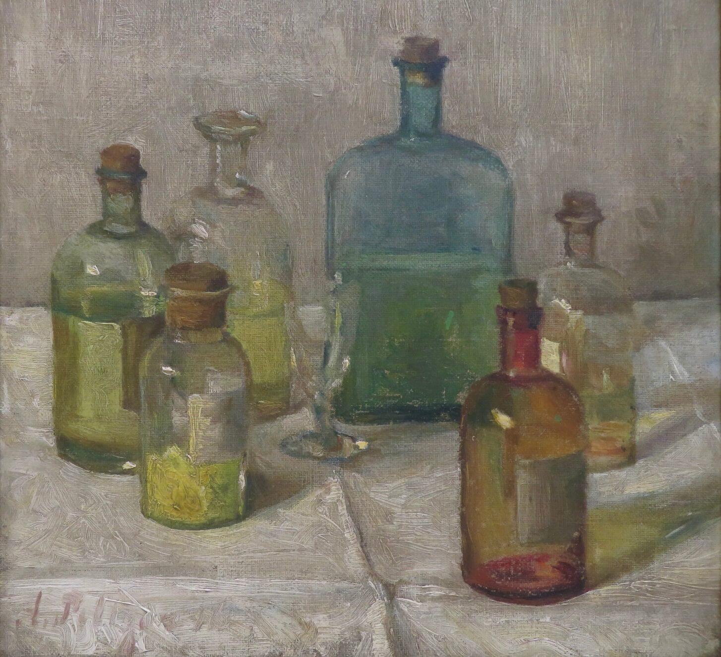 Early 20th Century English School Superb Signed Oil Painting STILL LIFE BOTTLES - Gray Still-Life Painting by Unknown