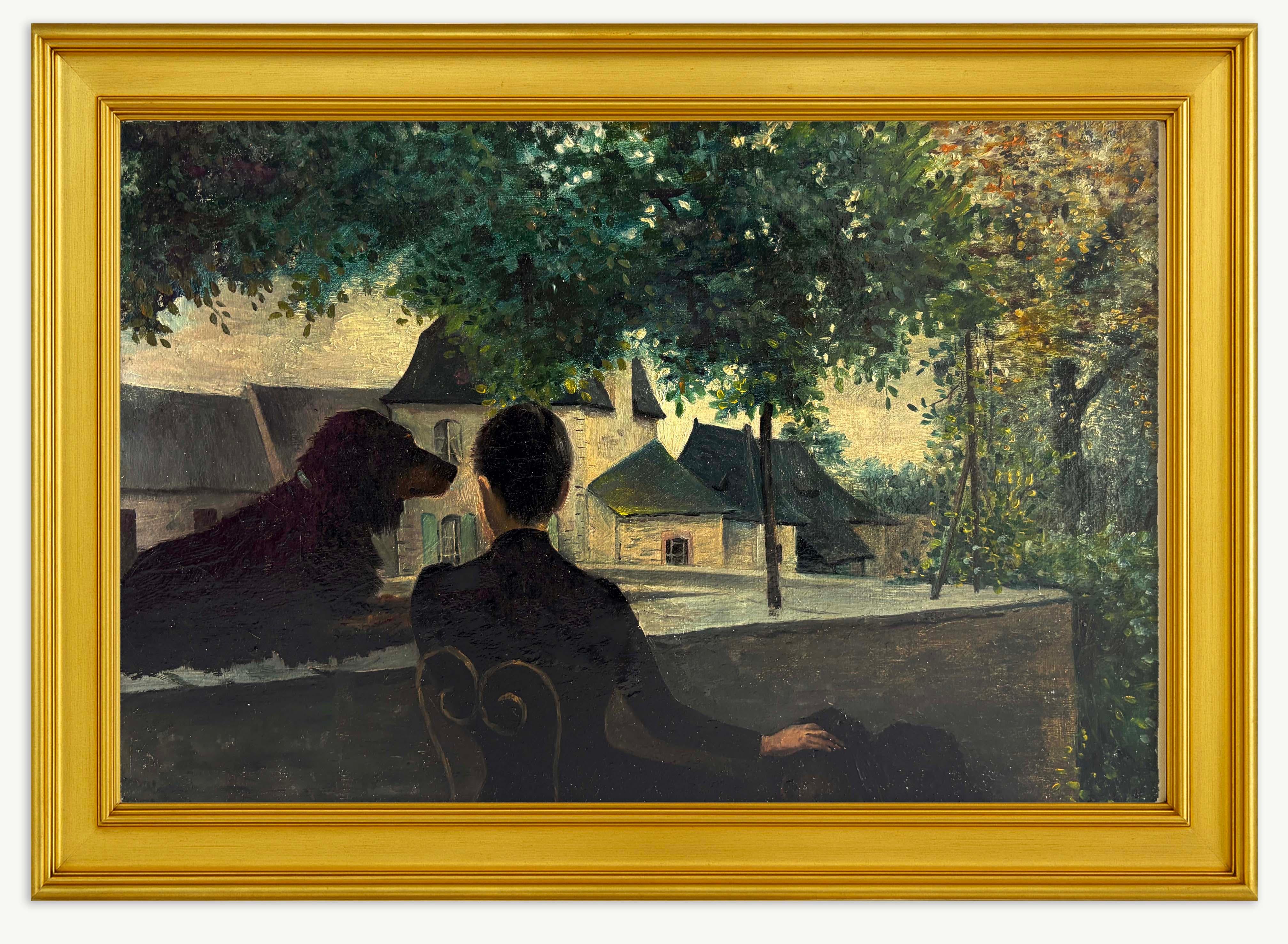 Peinture à l'huile européenne du début du 20e siècle Femme et chien sur un toit France Nouveau - Painting de Unknown