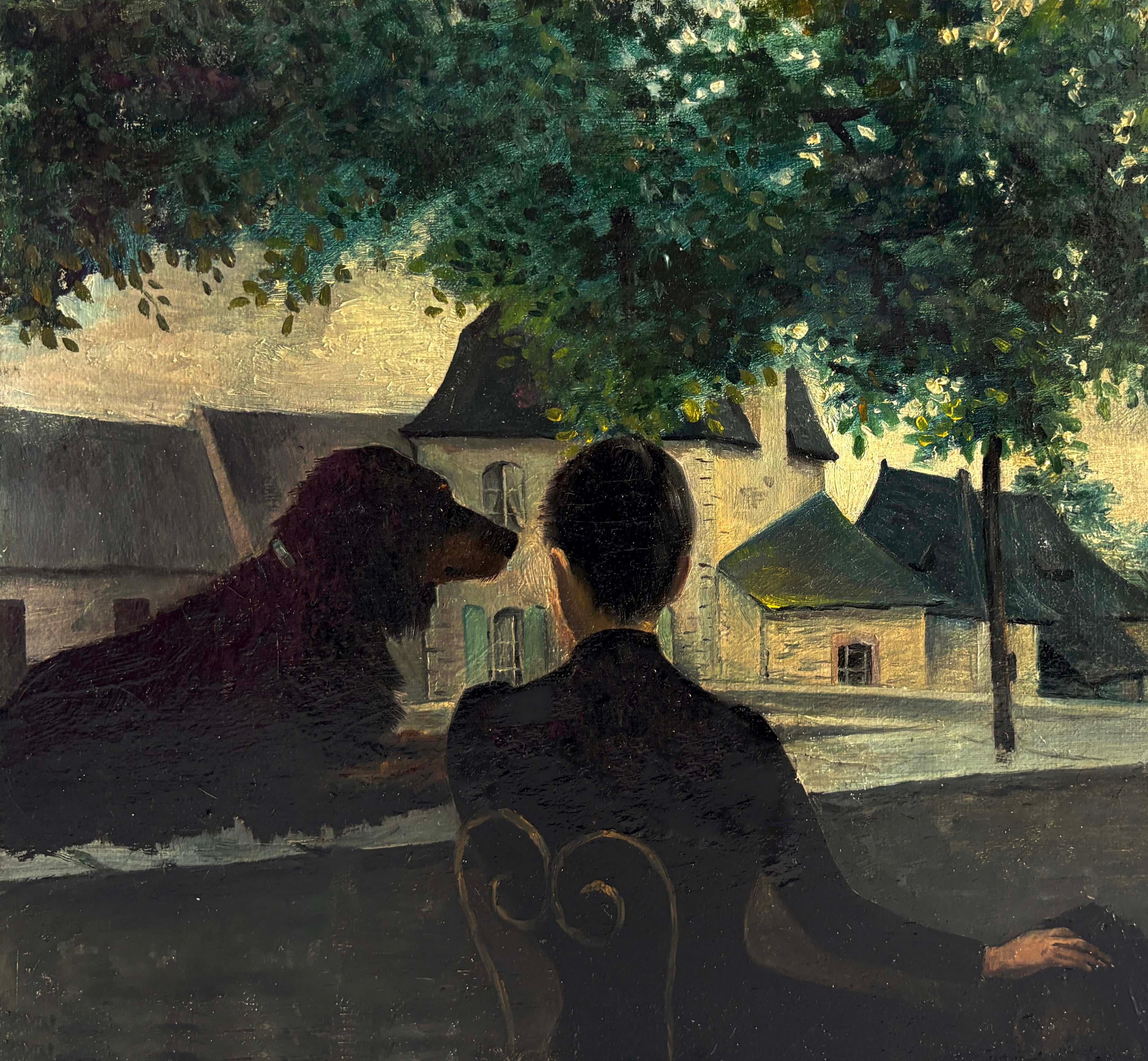 Peinture à l'huile européenne du début du 20e siècle Femme et chien sur un toit France Nouveau - École française Painting par Unknown