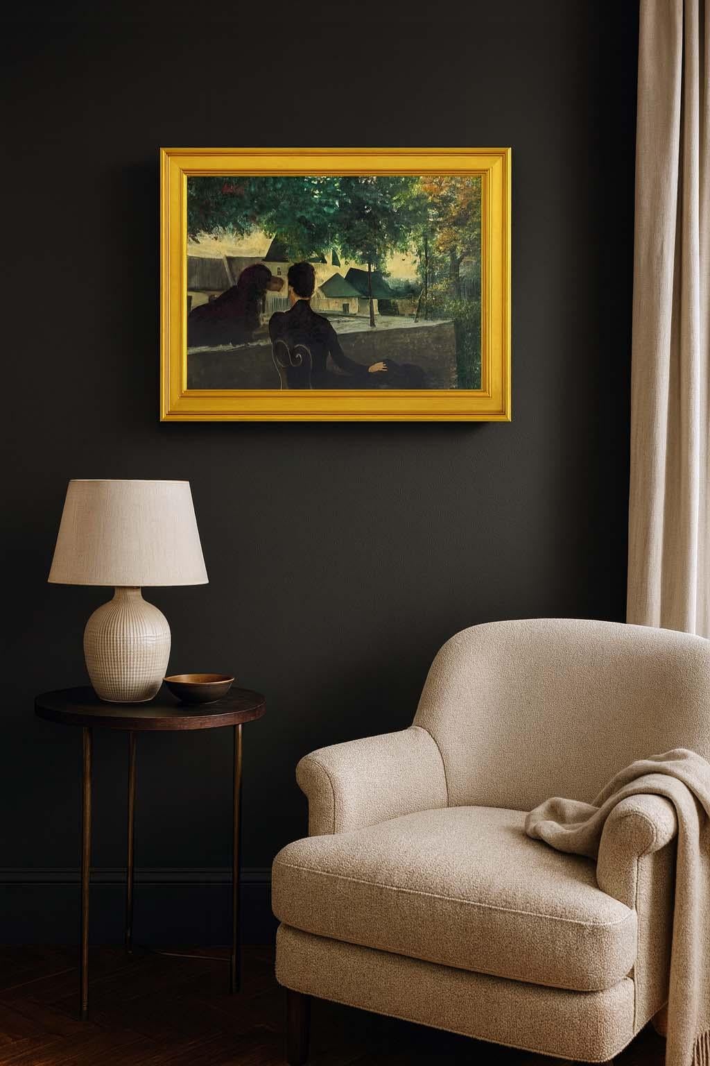 Peinture à l'huile européenne du début du 20e siècle Femme et chien sur un toit France Nouveau - Noir Figurative Painting par Unknown