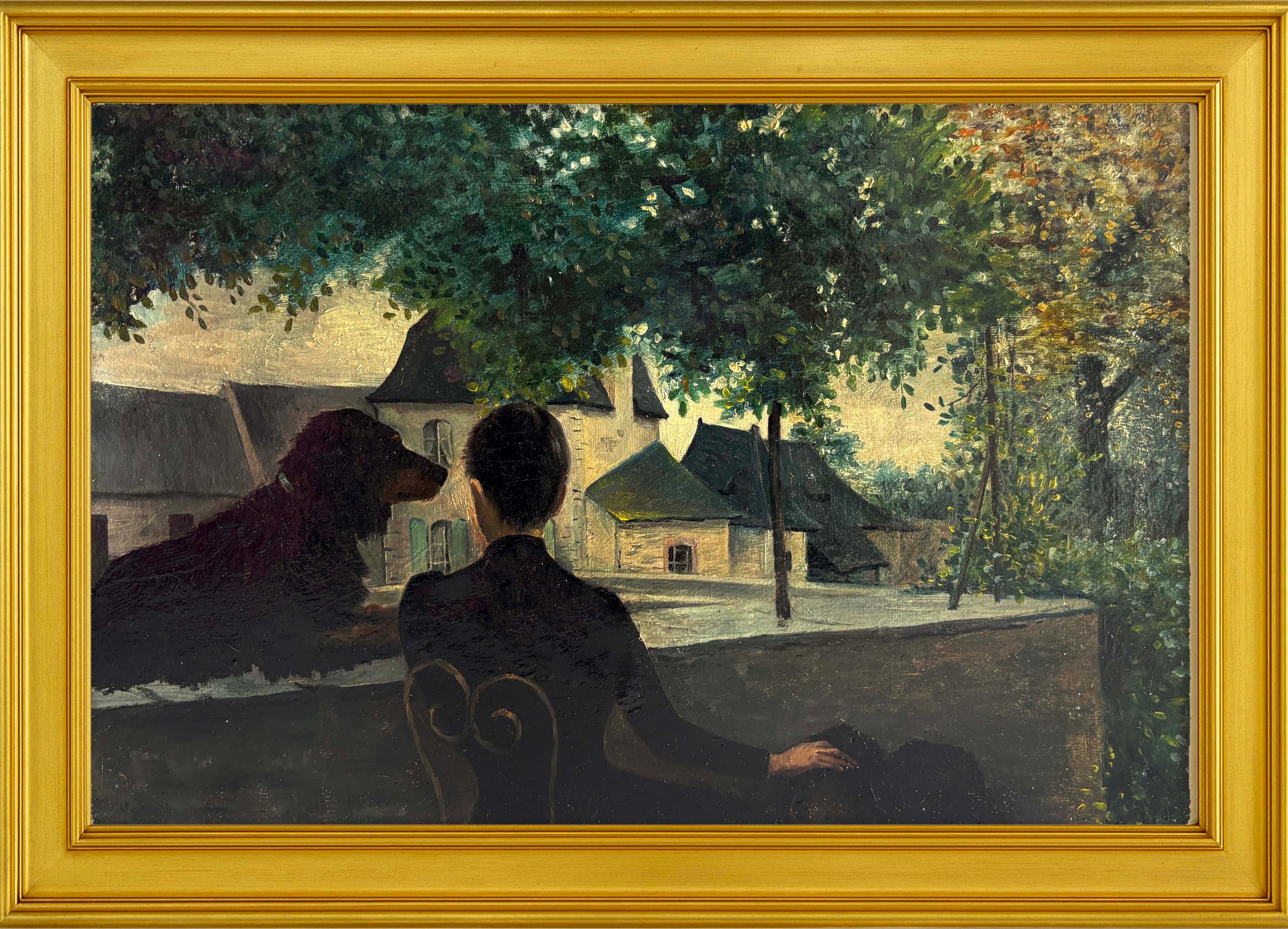 Figurative Painting Unknown - Peinture à l'huile européenne du début du 20e siècle Femme et chien sur un toit France Nouveau