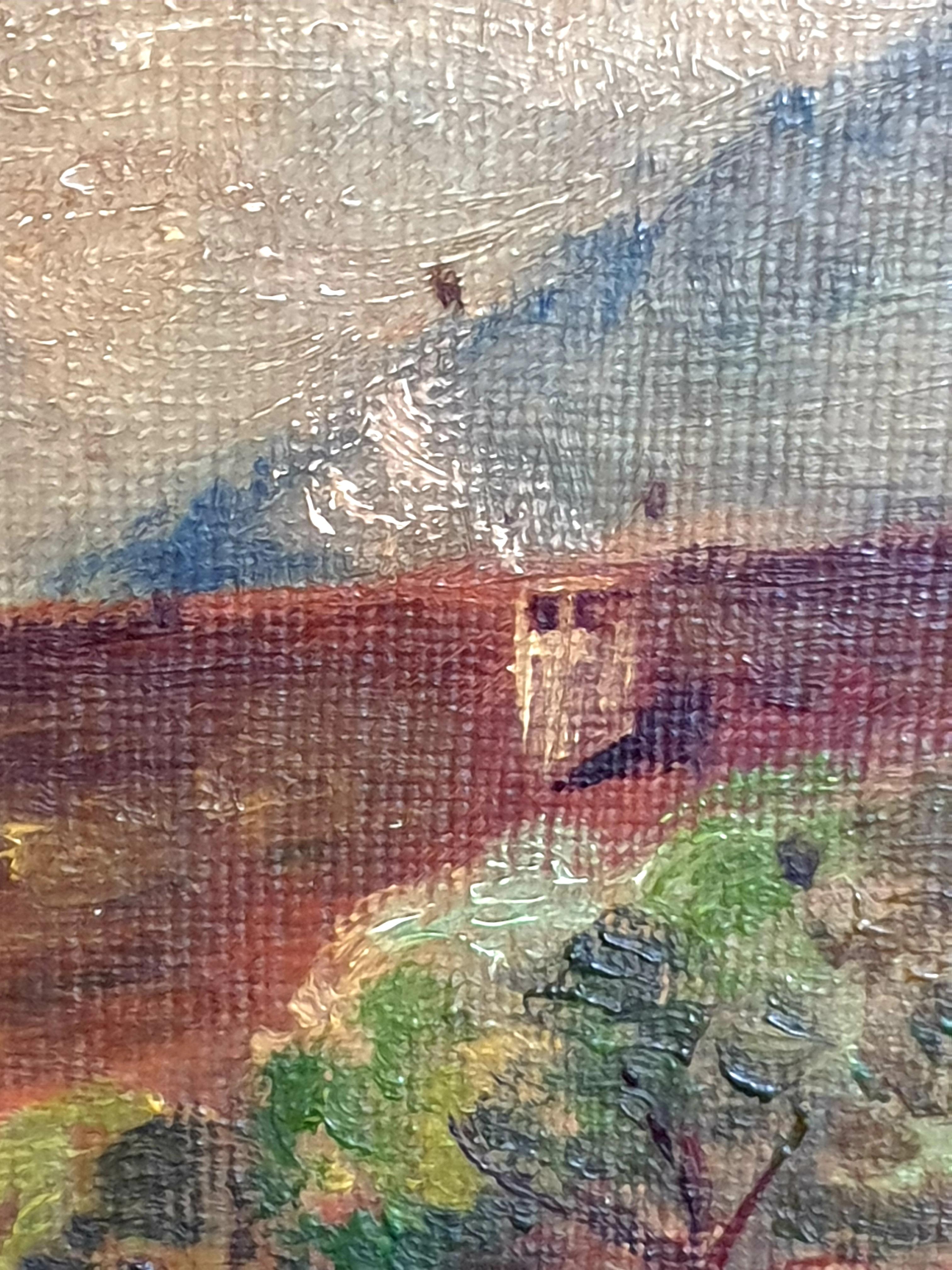 Óleo sobre tabla impresionista de arte popular de principios del siglo XX, 'Vista a la granja'. en venta 5
