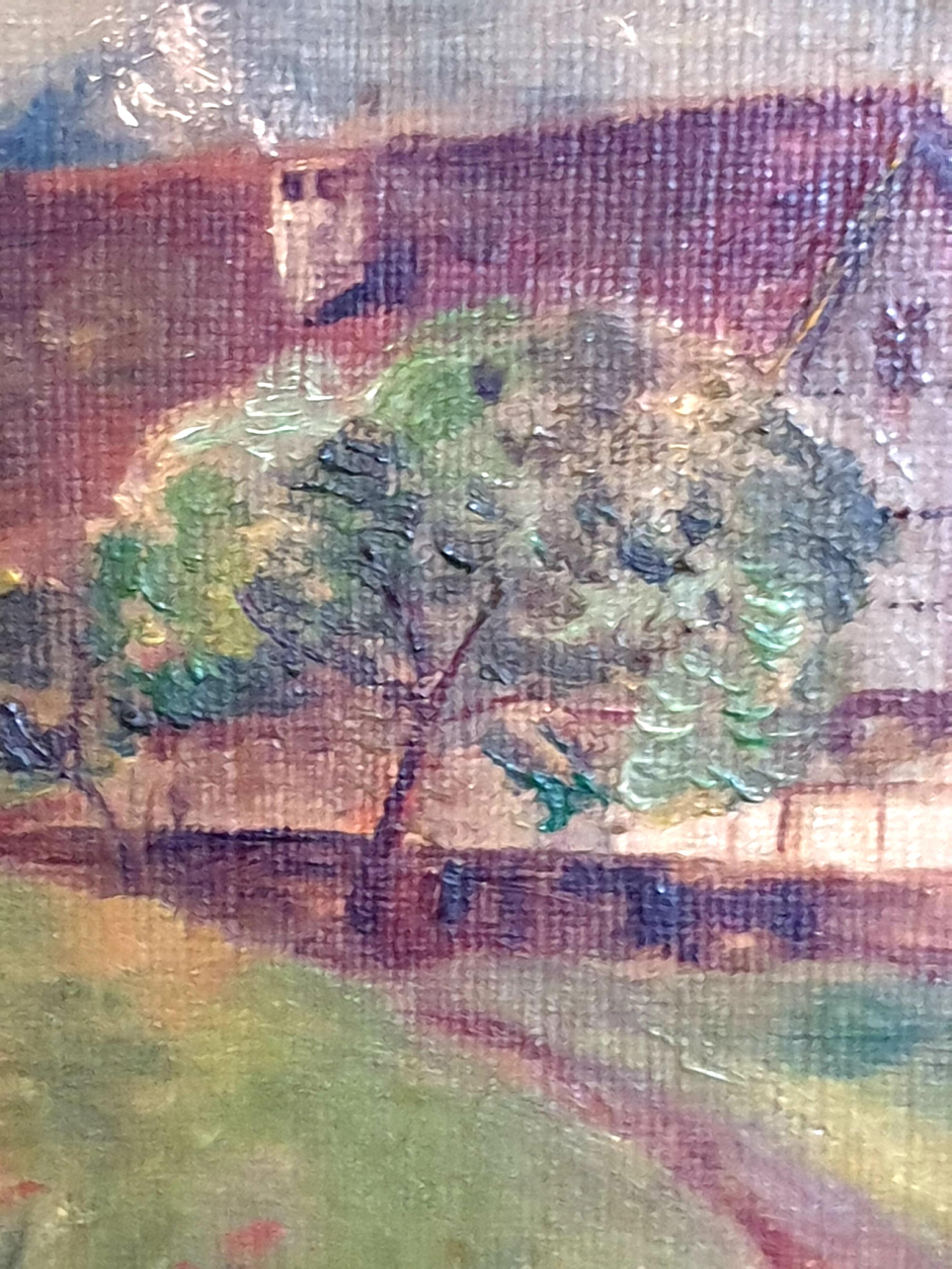 Óleo sobre tabla impresionista de arte popular de principios del siglo XX, 'Vista a la granja'. en venta 6