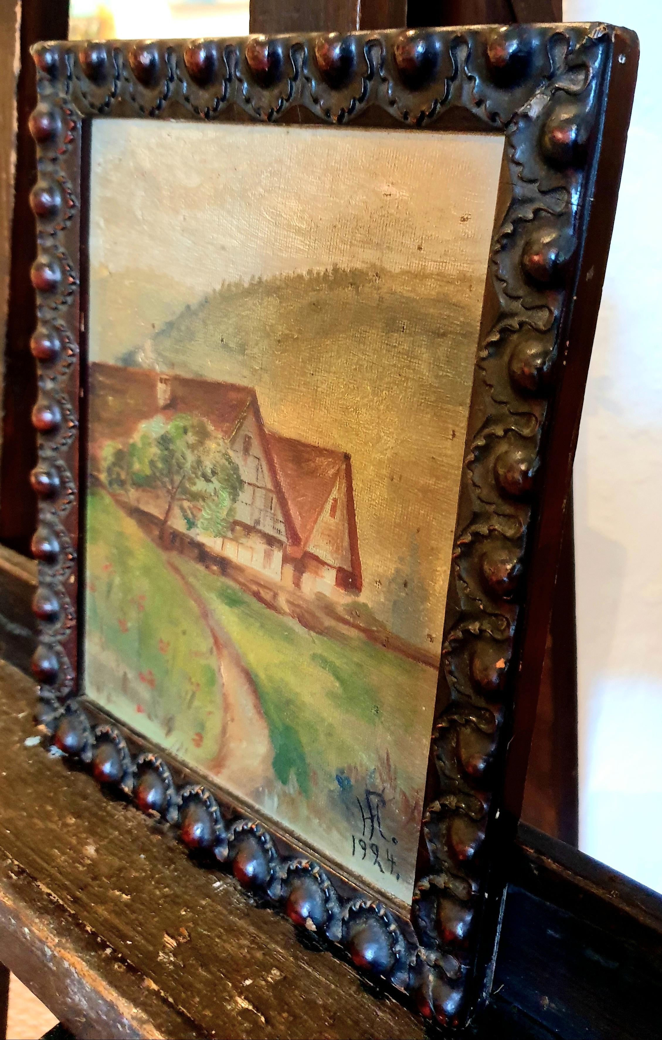 Óleo sobre tabla impresionista de arte popular de principios del siglo XX, 'Vista a la granja'. en venta 7