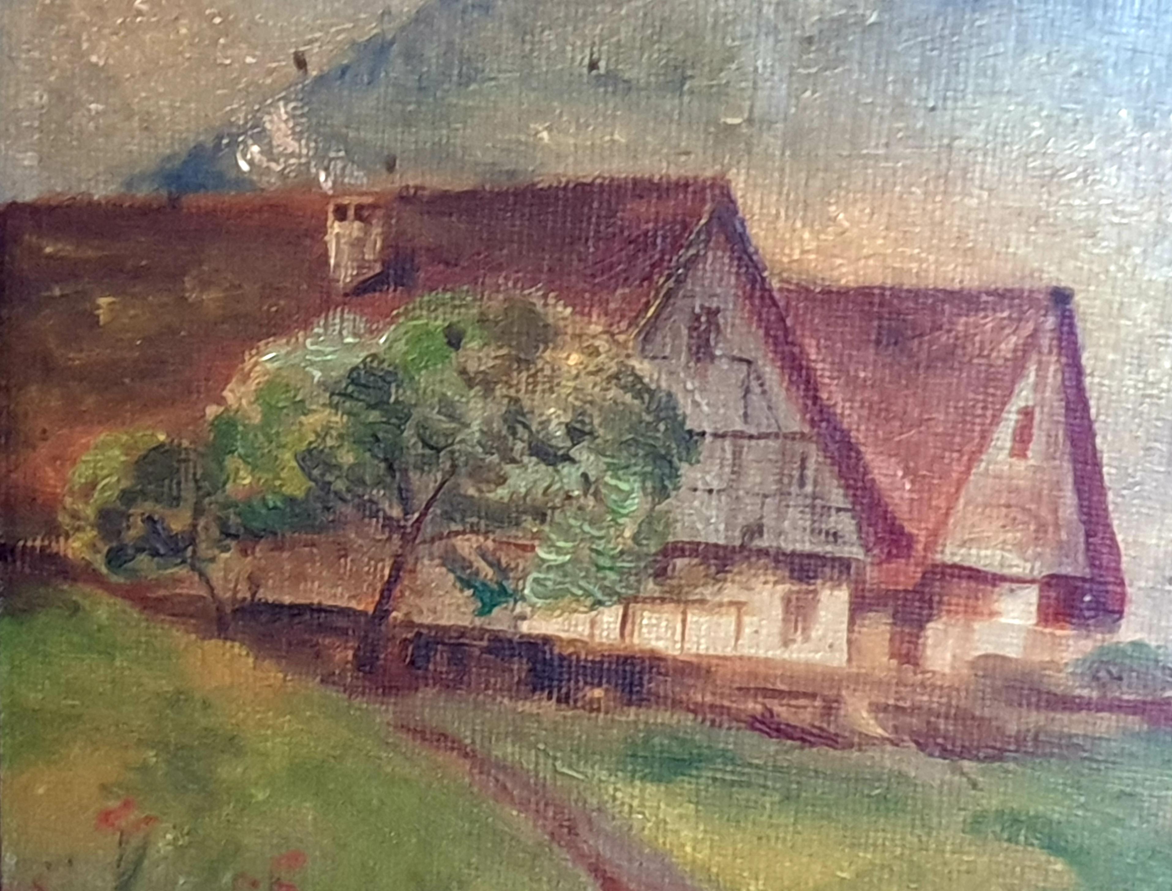 Óleo sobre tabla impresionista de arte popular de principios del siglo XX, 'Vista a la granja'. en venta 8