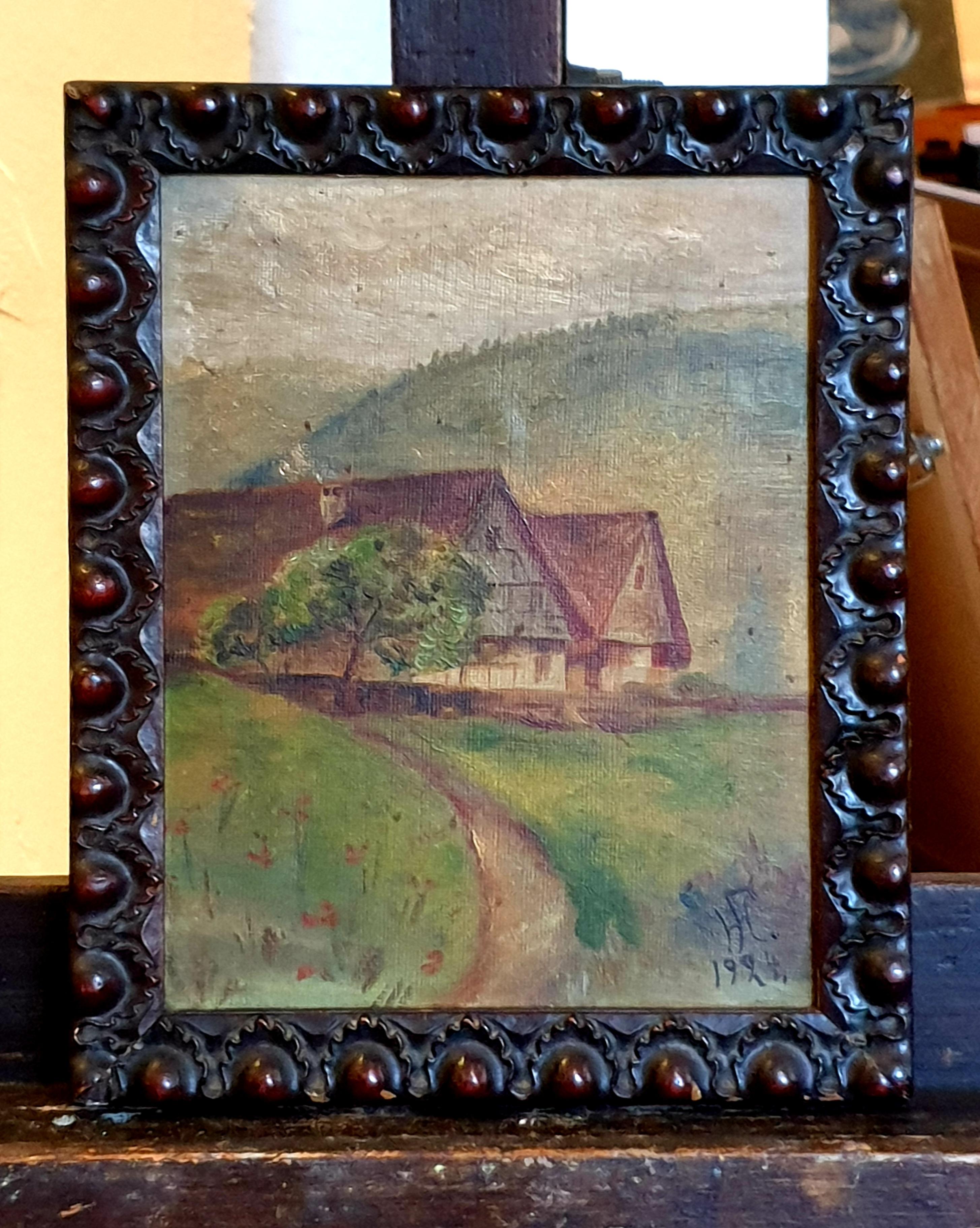 Óleo sobre tabla impresionista de arte popular de principios del siglo XX, 'Vista a la granja'. en venta 10