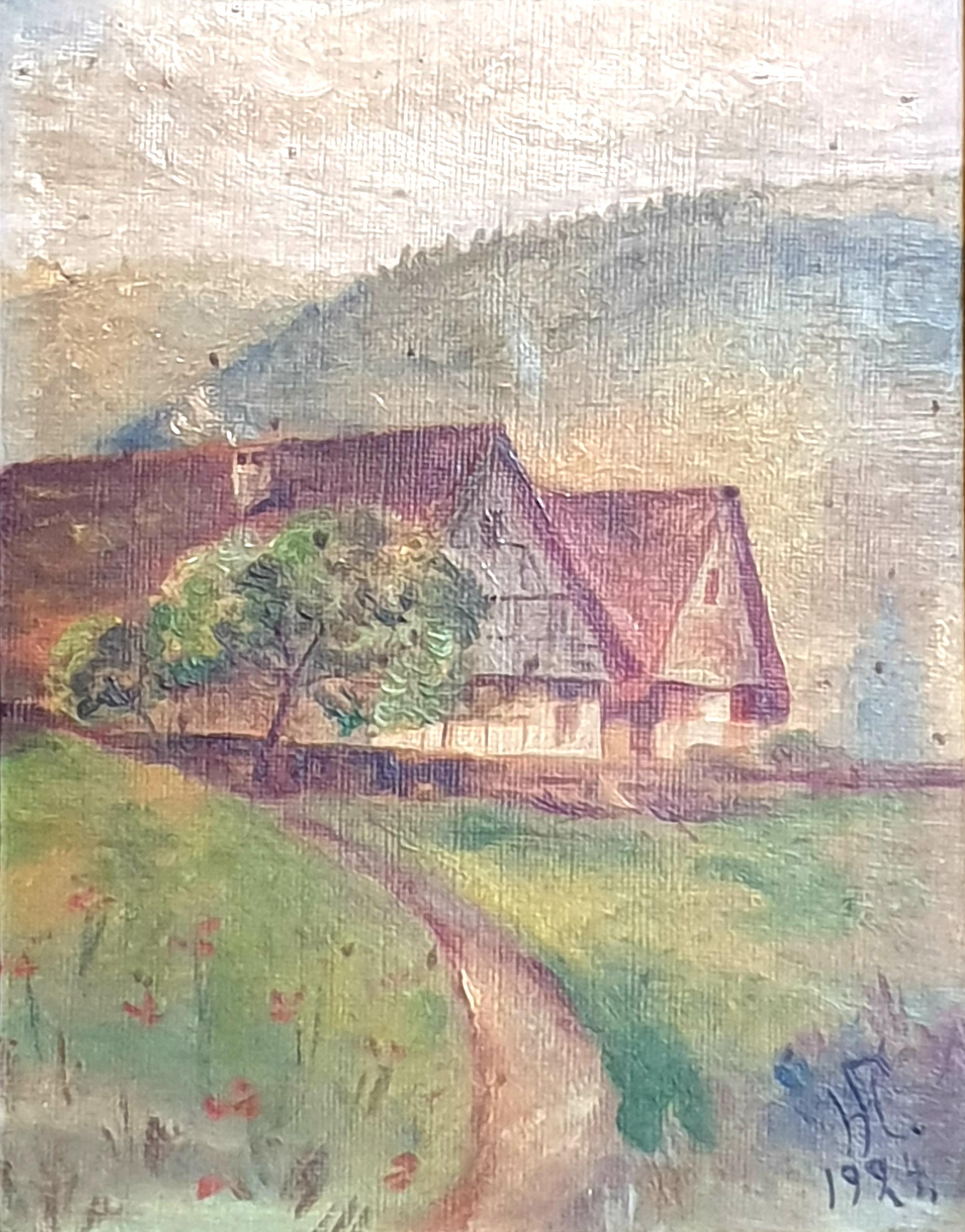Óleo sobre tabla impresionista de arte popular de principios del siglo XX, 'Vista a la granja'. - Painting de Unknown
