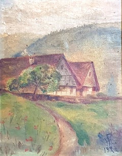 Early 20th Century Folk Art Impressionist Oil on Board, 'View to the Farmhouse'.