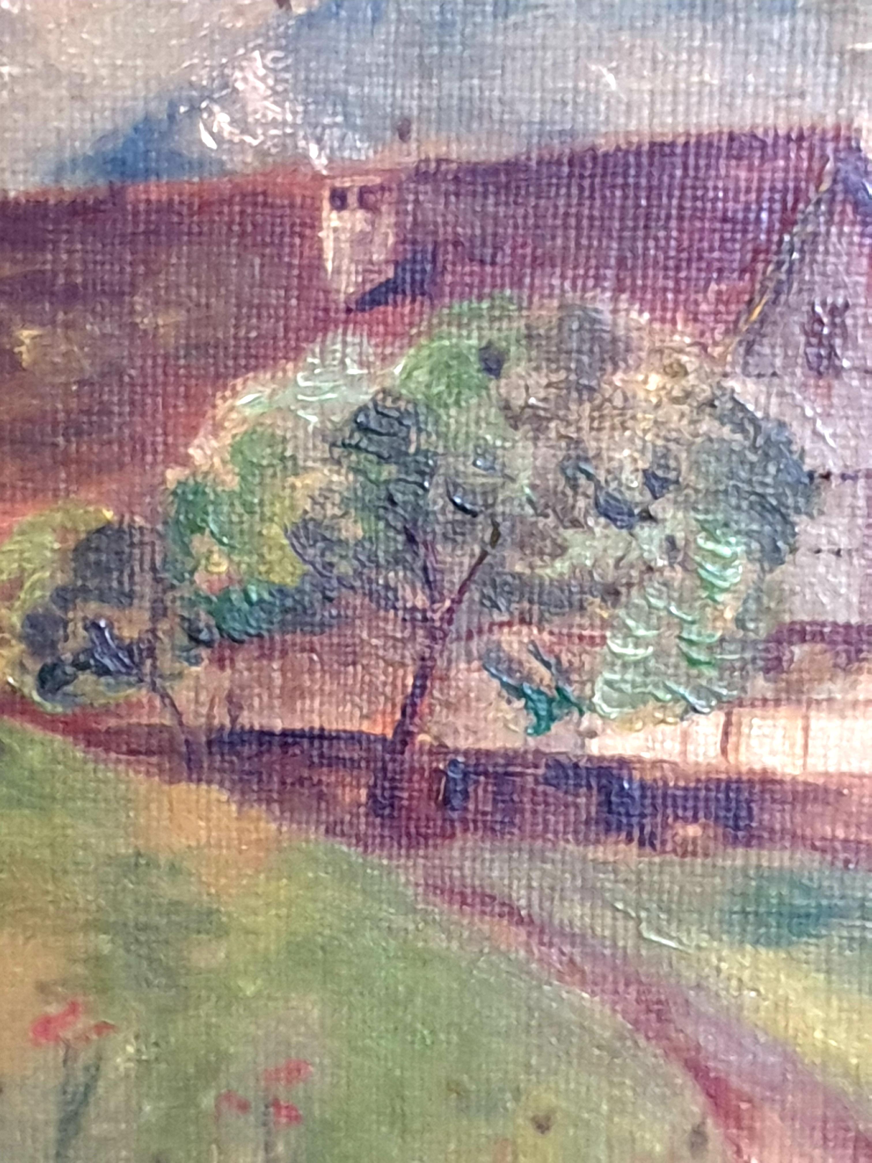Óleo sobre tabla impresionista de arte popular de principios del siglo XX, 'Vista a la granja'. - Painting Arte popular de Unknown