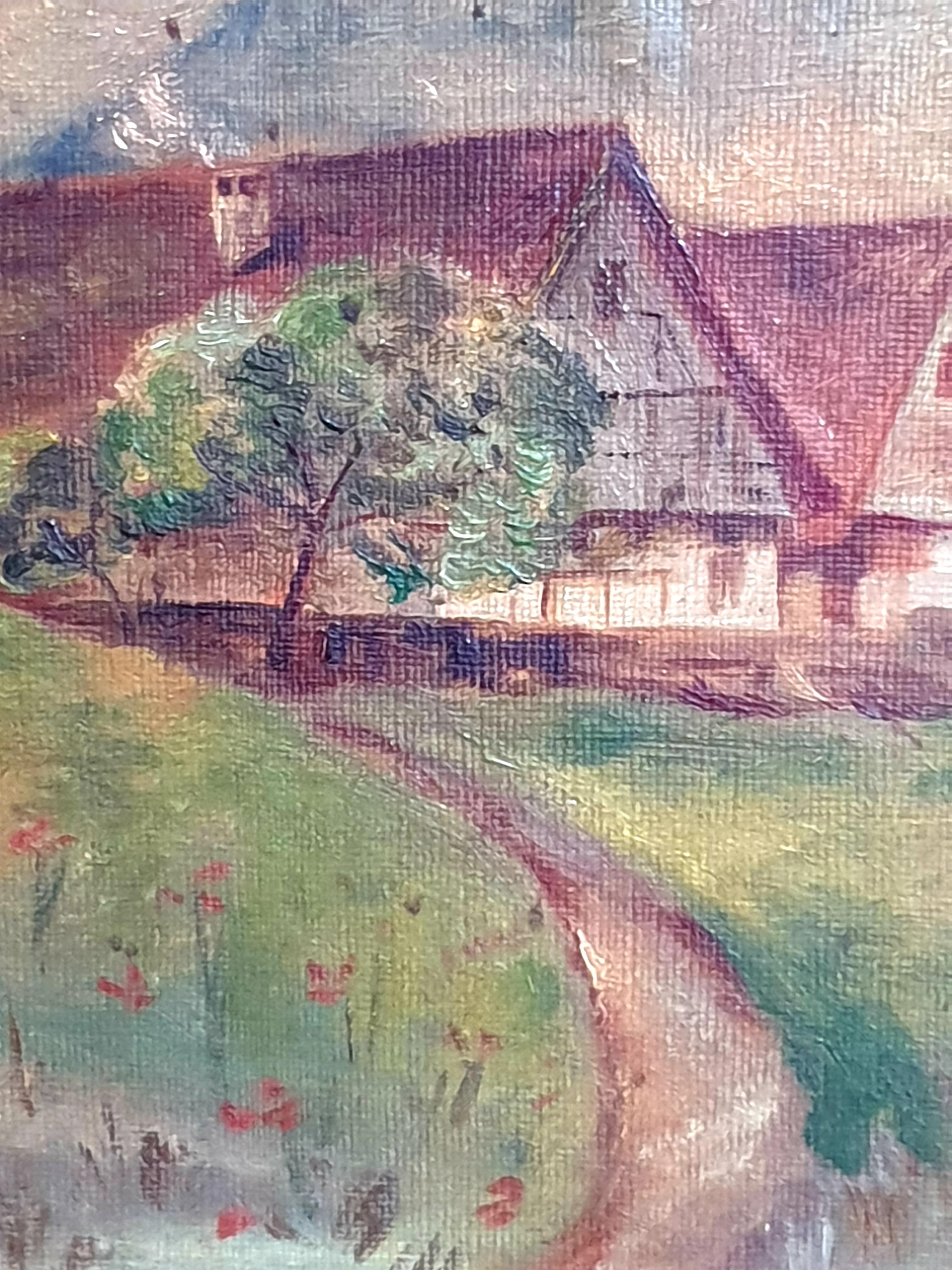 Óleo sobre tabla impresionista de arte popular de principios del siglo XX, 'Vista a la granja'. - Landscape Painting Gris de Unknown