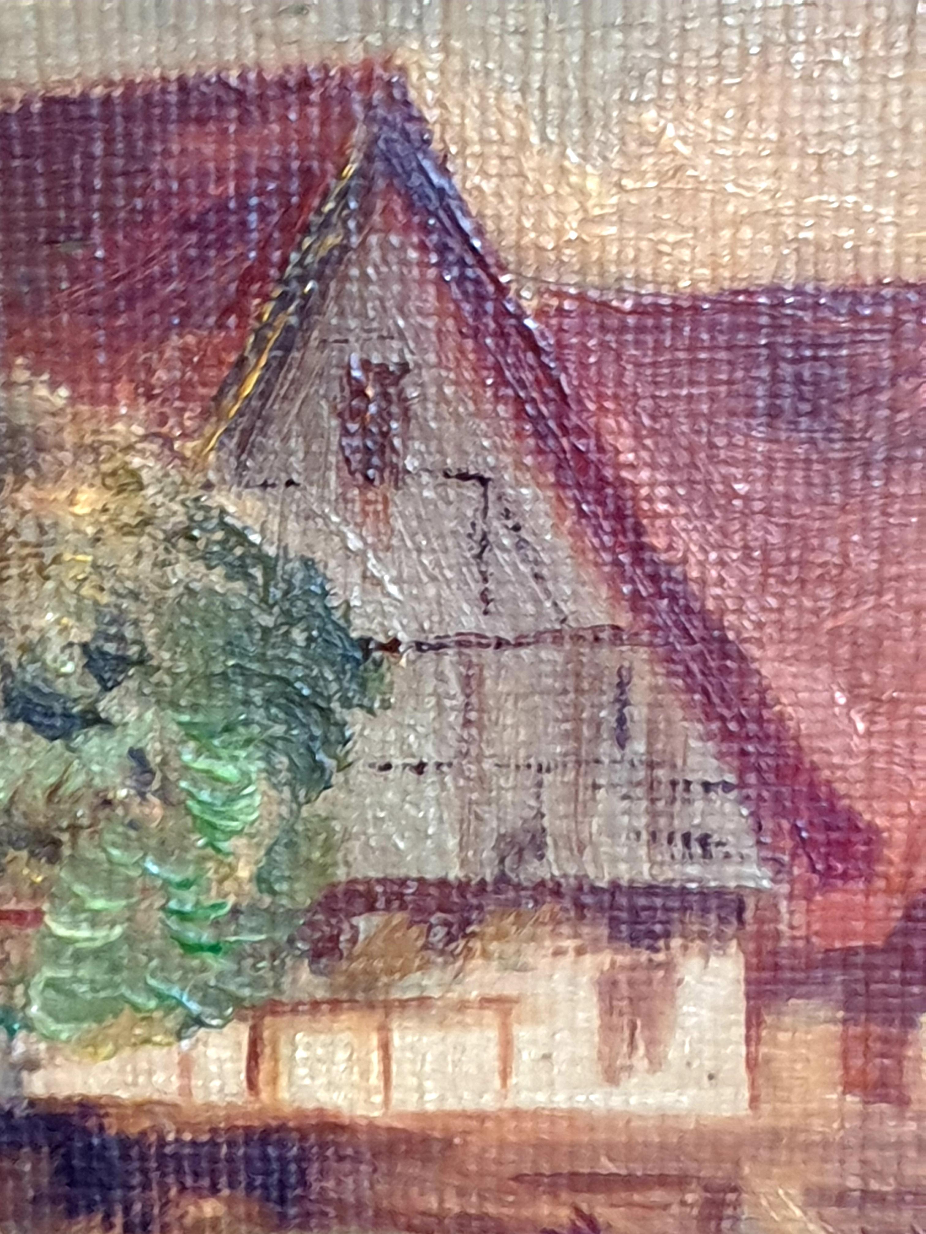 Óleo sobre tabla impresionista de arte popular de principios del siglo XX, 'Vista a la granja'. en venta 2