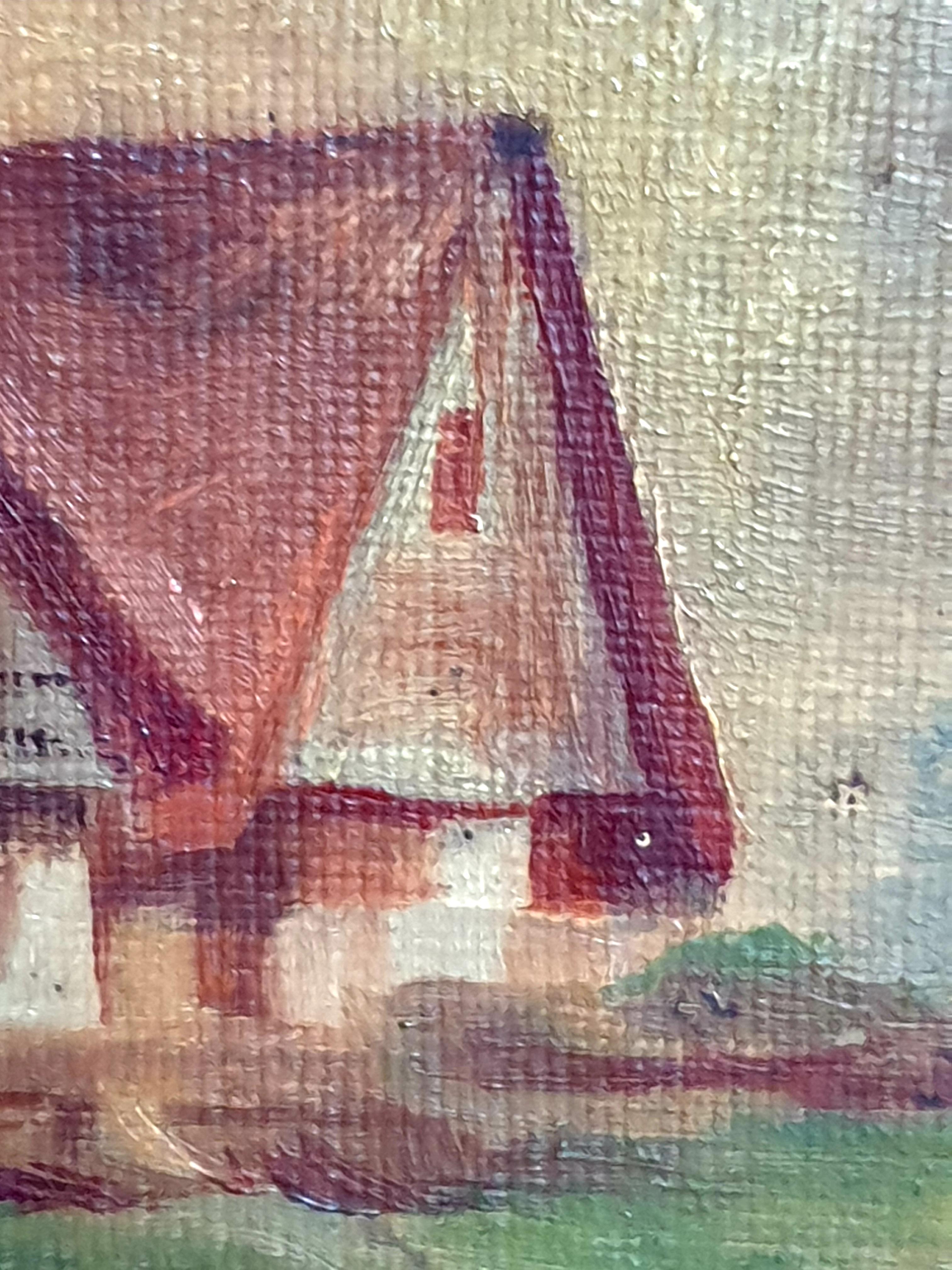Óleo sobre tabla impresionista de arte popular de principios del siglo XX, 'Vista a la granja'. en venta 3