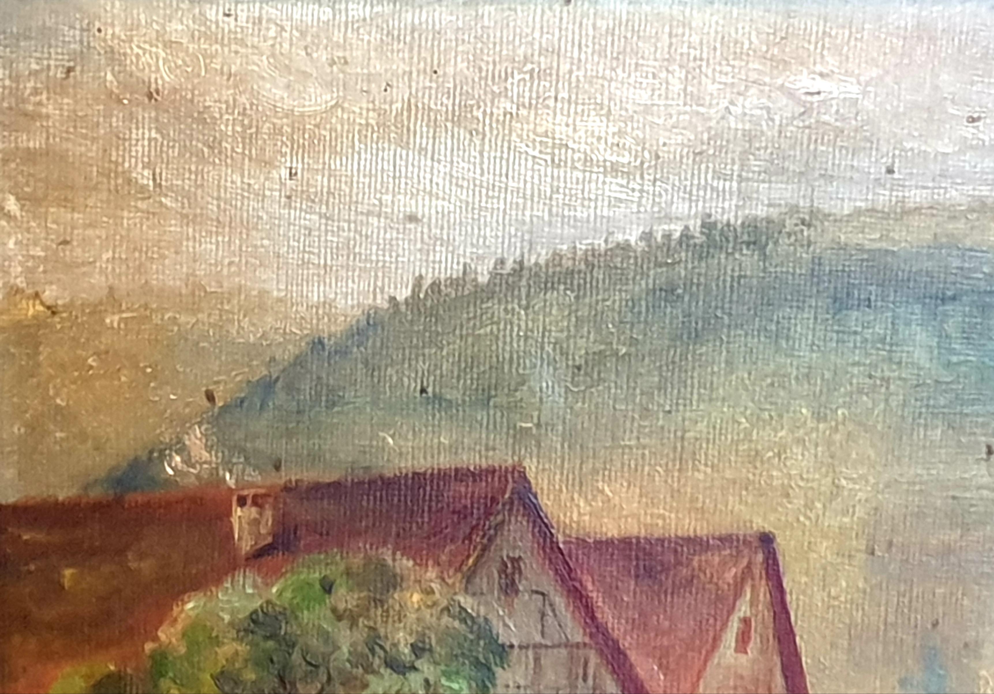 Óleo sobre tabla impresionista de arte popular de principios del siglo XX, 'Vista a la granja'. en venta 4