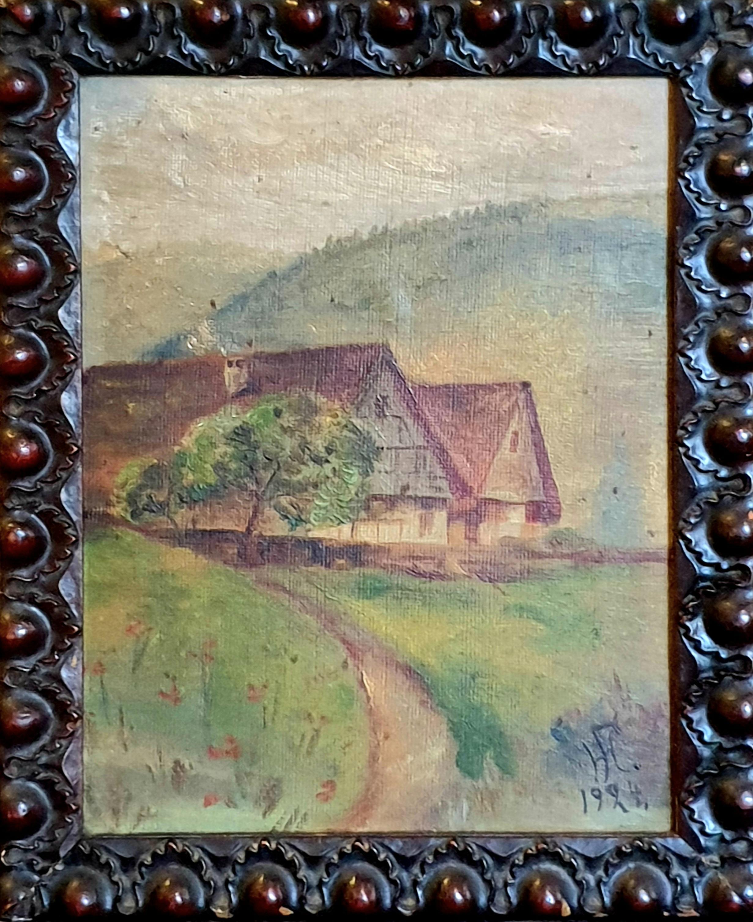 Olio su tavola di arte popolare impressionista dei primi del Novecento, "Vista sulla casa colonica".