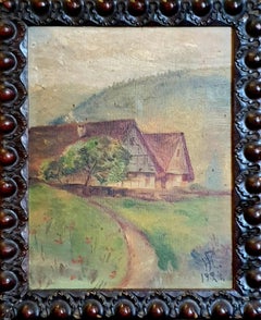 Olio su tavola di arte popolare impressionista dei primi del Novecento, "Vista sulla casa colonica".
