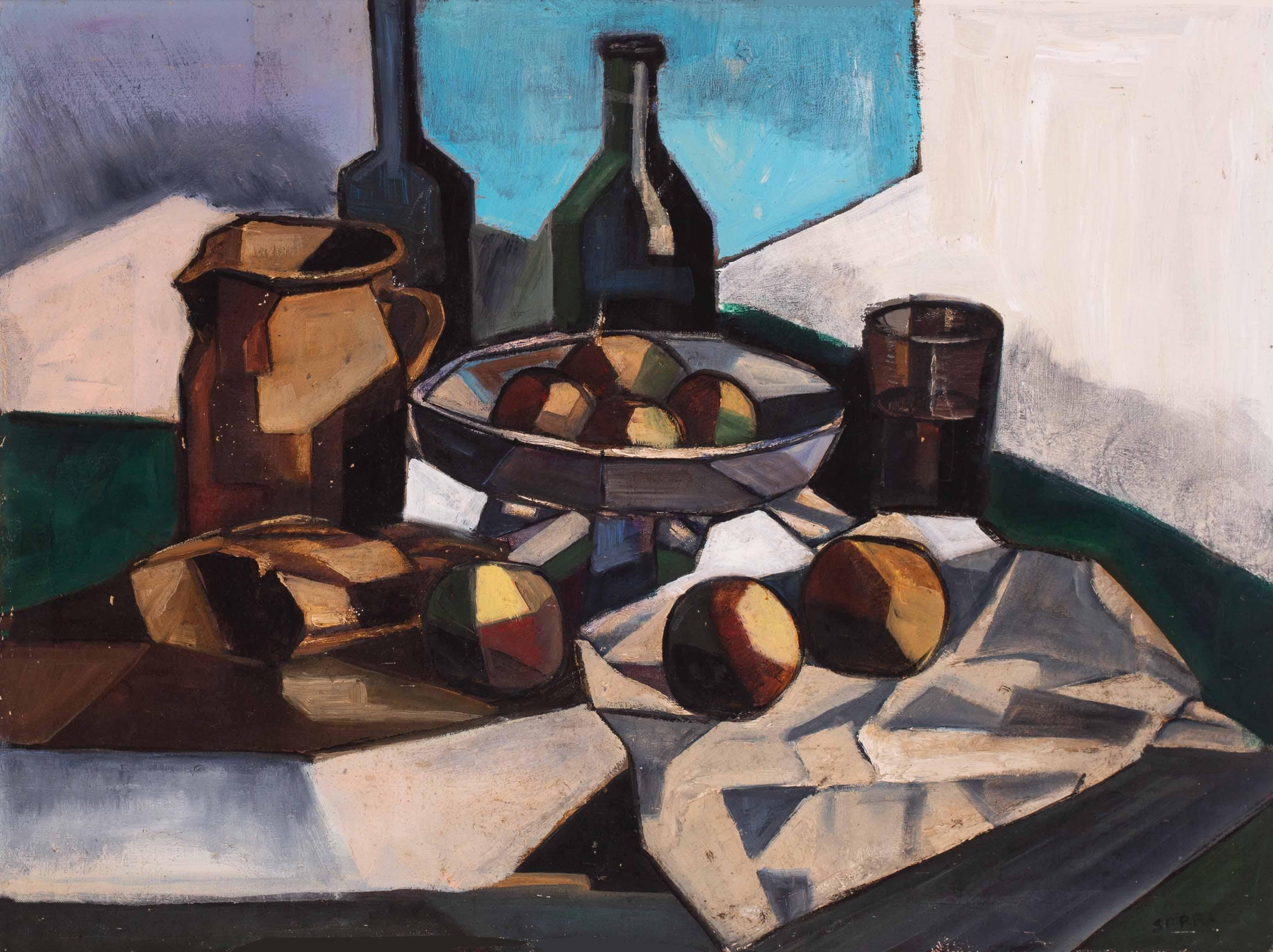 Early 20th Century French Cubist still life oil painting of peaches and bottles - Painting by Unknown
