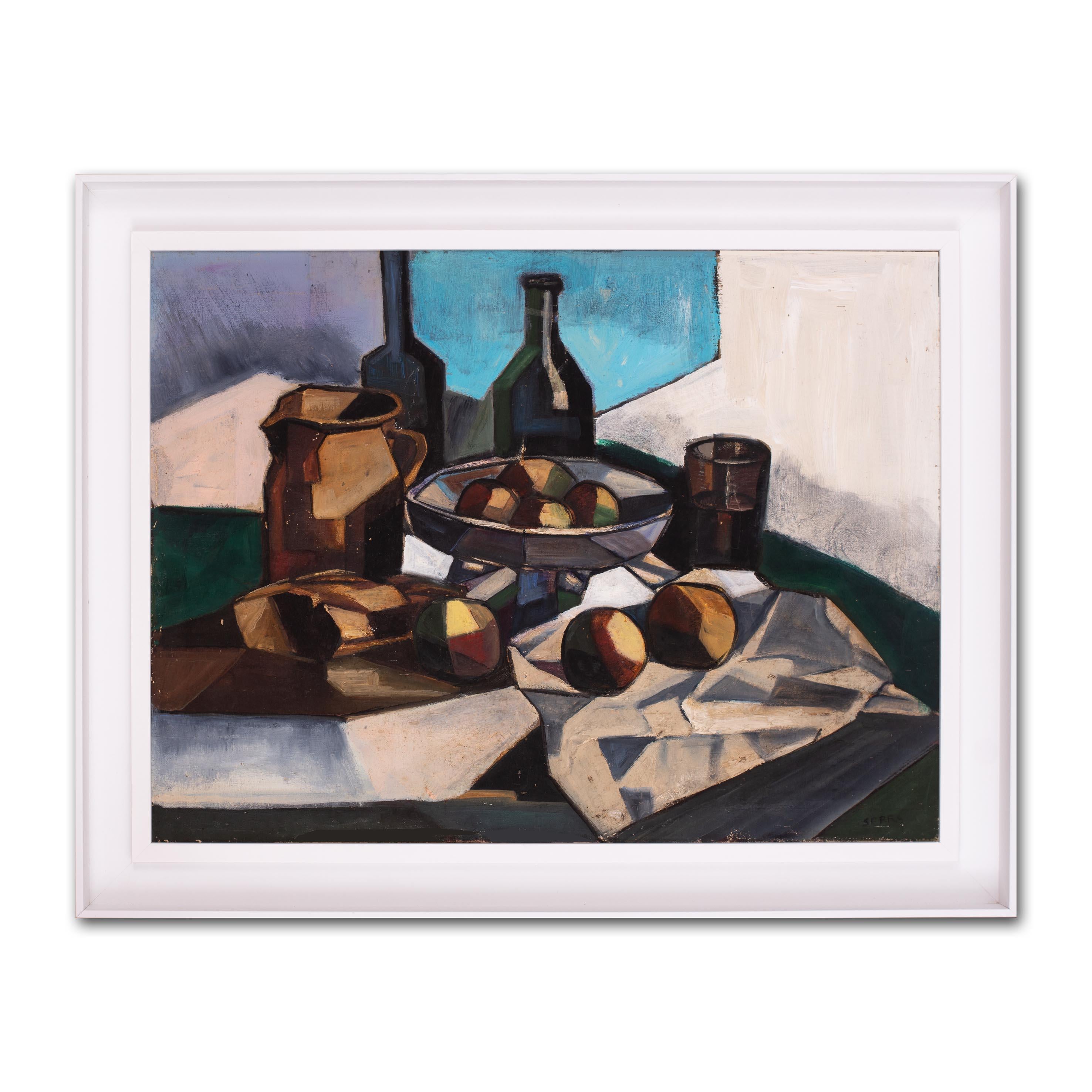 Early 20th Century French Cubist still life oil painting of peaches and bottles For Sale 1