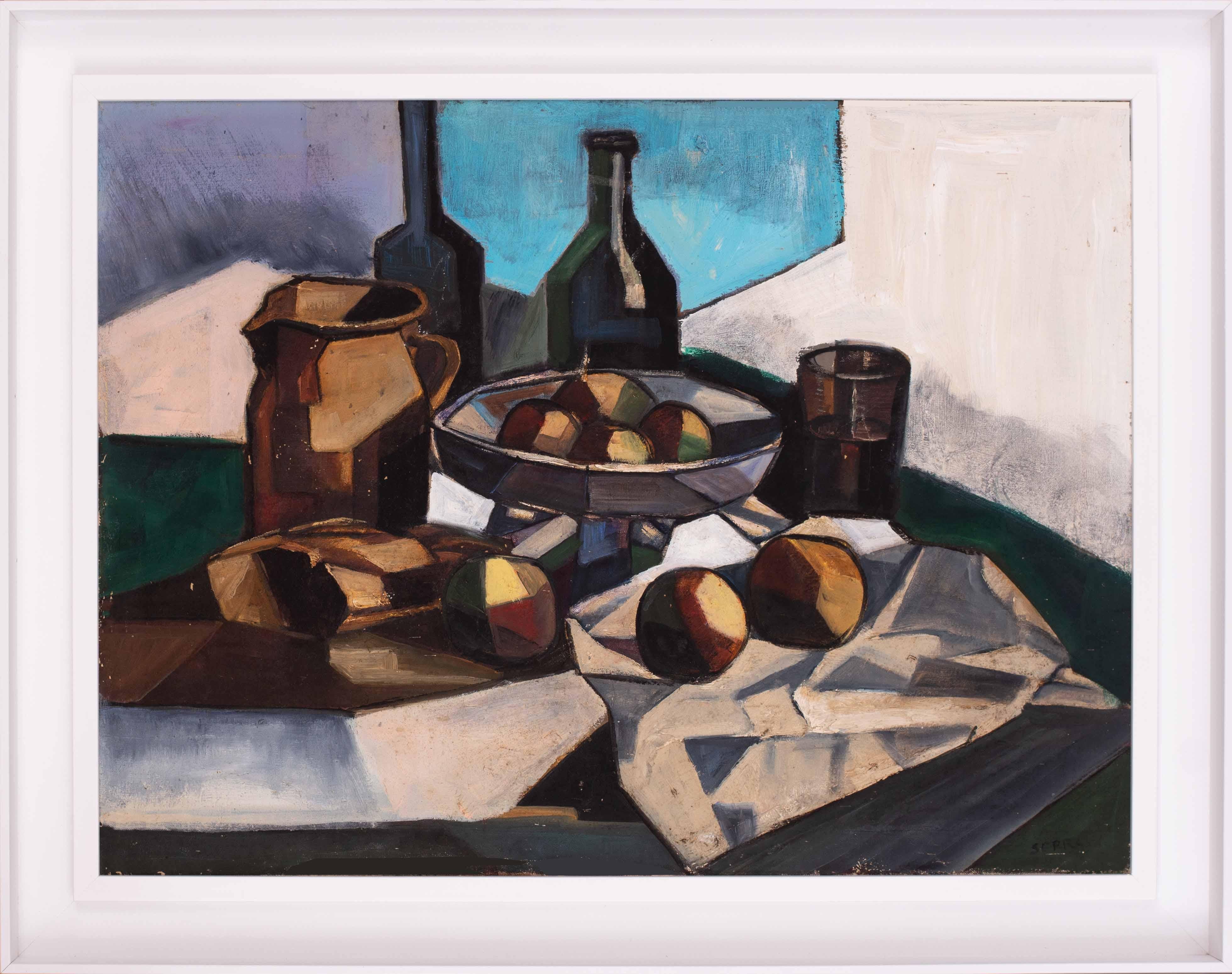 Französisches kubistisches Stillleben des frühen 20. Jahrhunderts mit Pflanzgefäßen und Flaschen, Ölgemälde