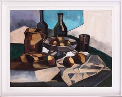 Nature morte cubiste française du début du XXe siècle, peinture à l'huile de pêches et de bouteilles