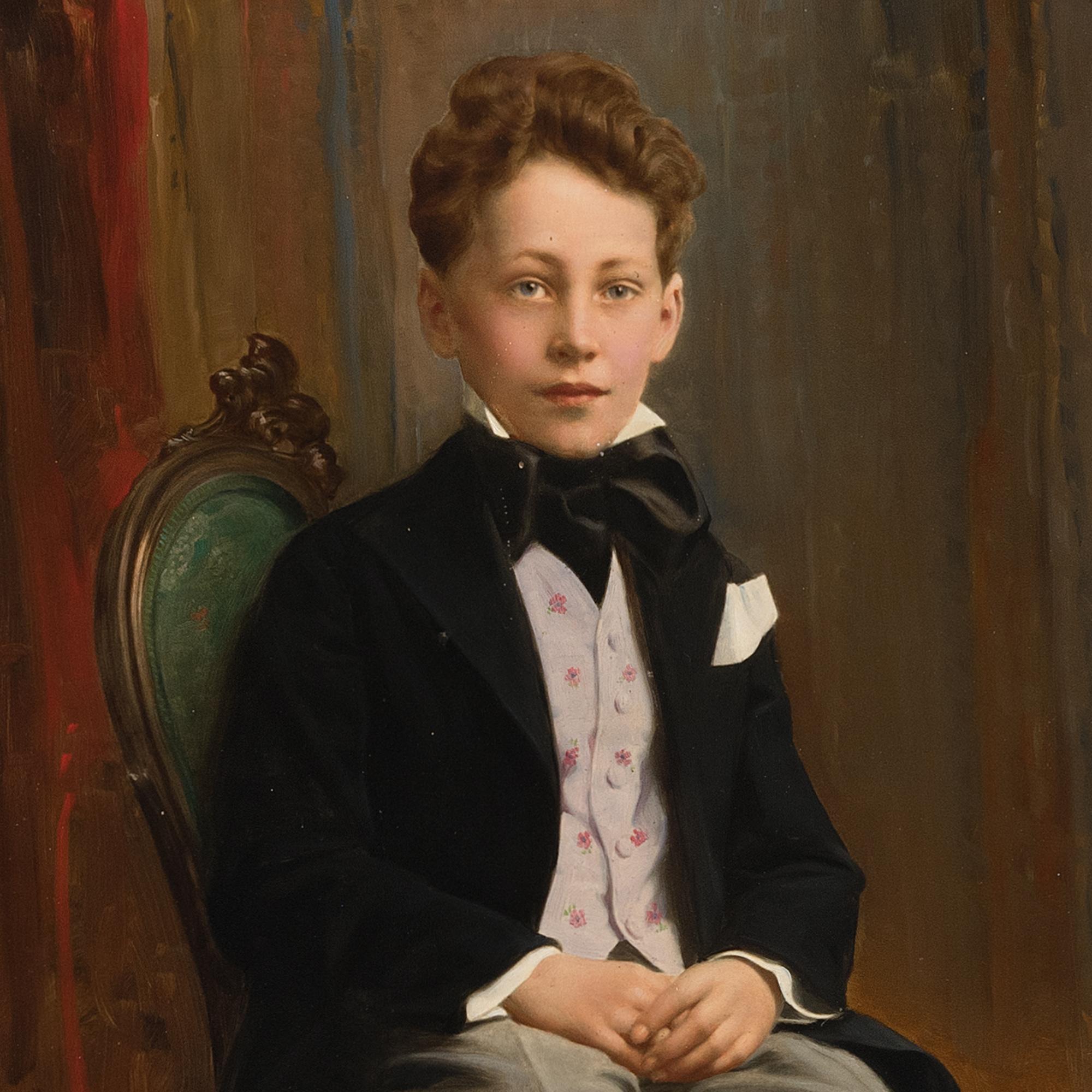 A wonderful 1930s portrait of Günther, a smart young gentleman wearing a coat, black bowtie, lilac waistcoat, and trousers. This beautiful piece is a very good example of a painted photograph and one of the finest we’ve discovered.

The portrait is