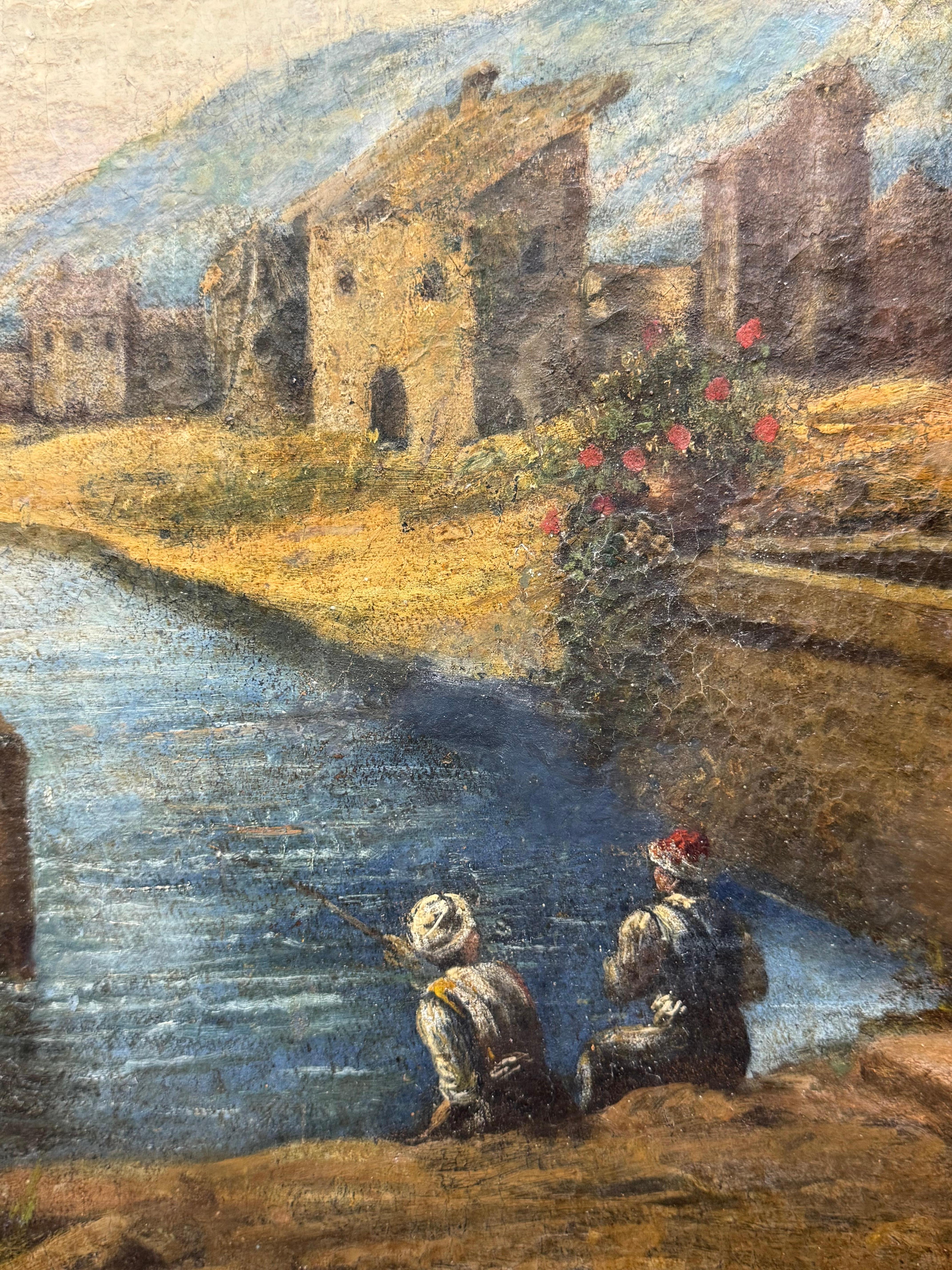 Early 20th century, Italian Mediterranean landscape with two figures fishing

Your visible signature

Oil on canvas

Relined and restored

25.5 x 35 unframed, 31 x 3 9.75 frame