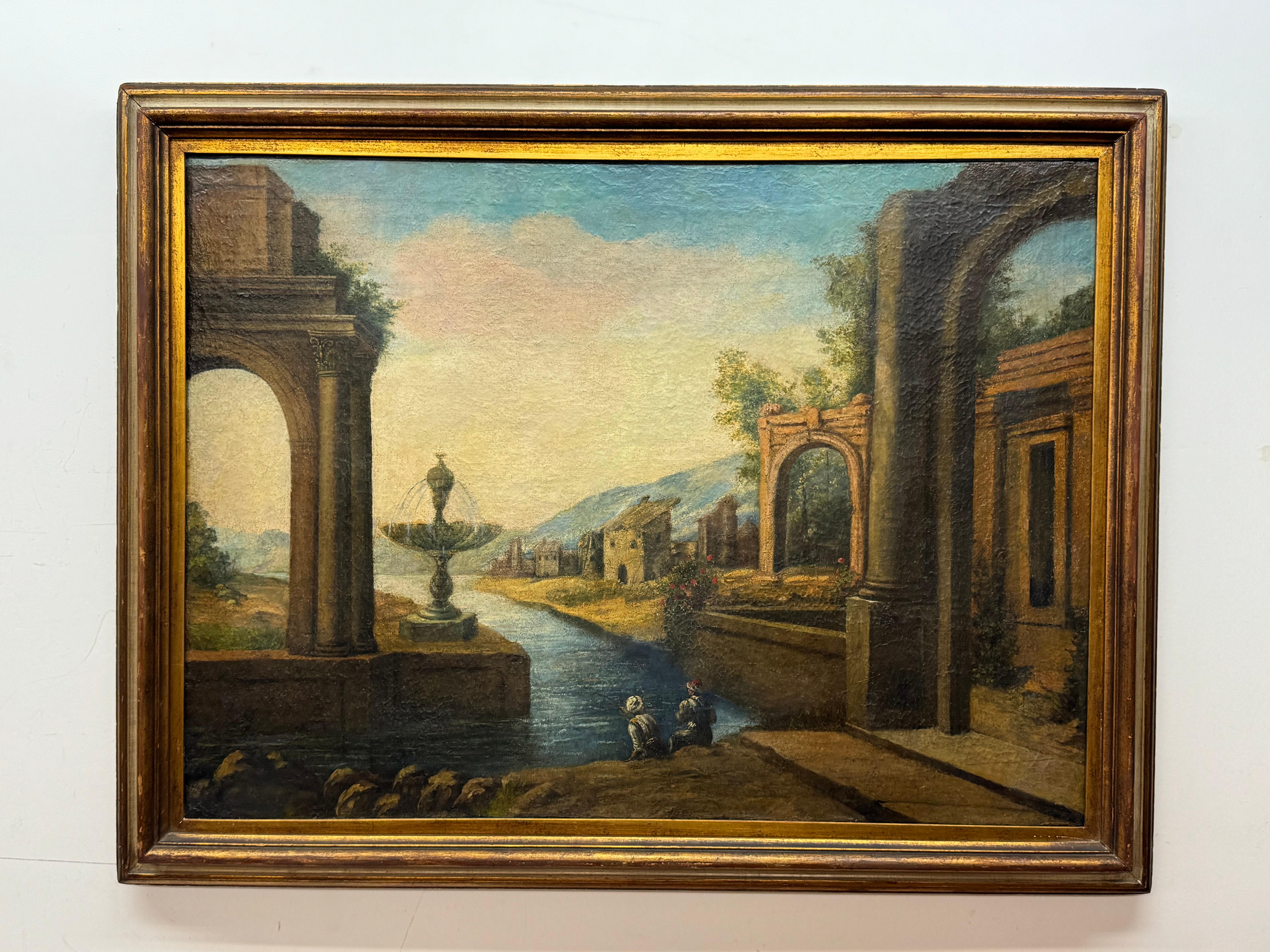 Unknown Landscape Painting - Early 20th century, Italian Mediterranean landscape with two figures fishing