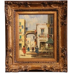 Early 20th Century Italian Street Scene Painting in Gilt Frame Signed Petrilli