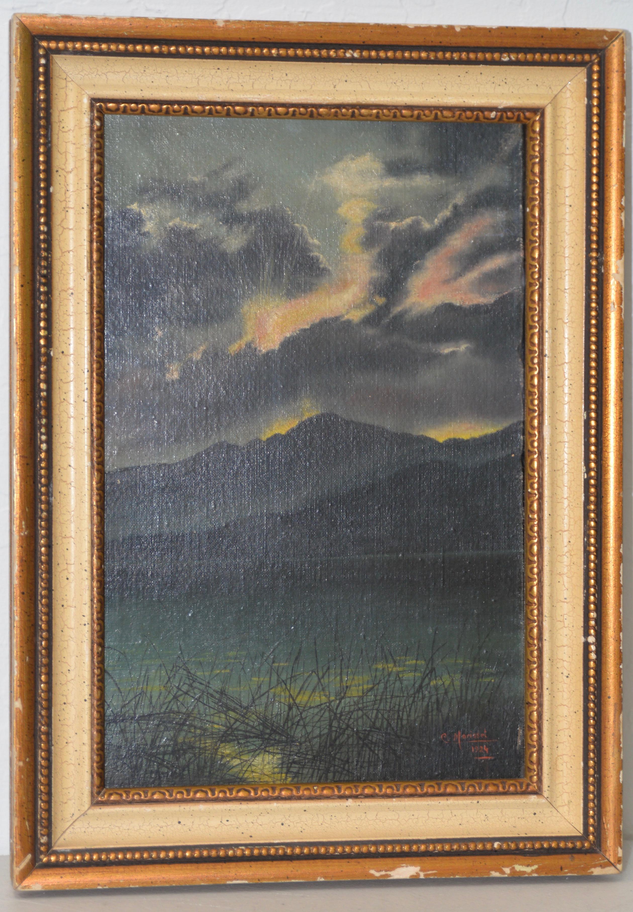 Frühes 20. Jahrhundert Bergsee-Landschaft Ölgemälde von Morisset um 1924 – Painting von Unknown
