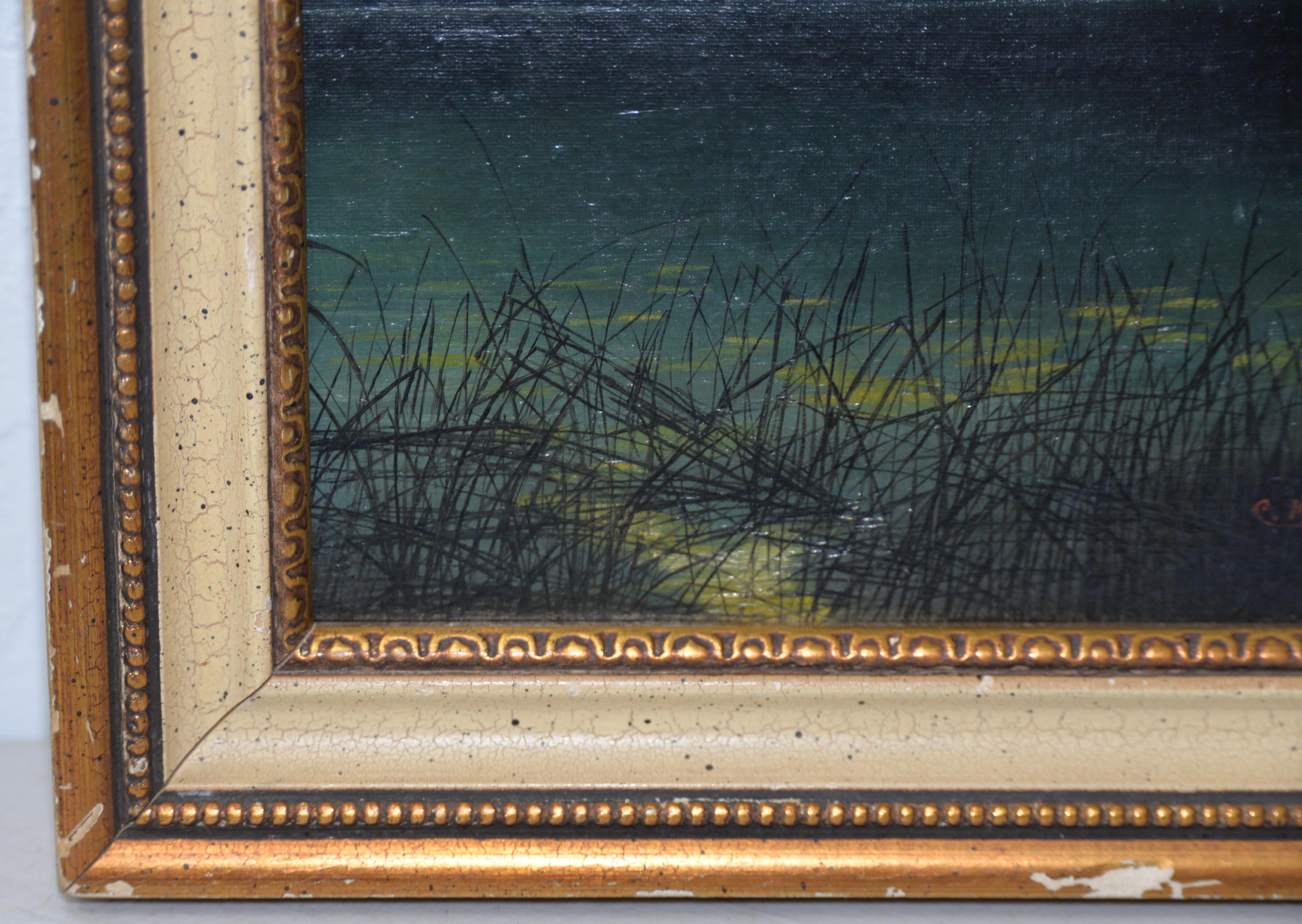 Frühes 20. Jahrhundert Bergsee-Landschaft Ölgemälde von Morisset um 1924

Schöne Landschaft mit abdunkelndem Himmel über einem Bergsee. Das Schilf am Ufer des Sees wird vom Licht des späten Nachmittags beleuchtet, das durch die Wolken
